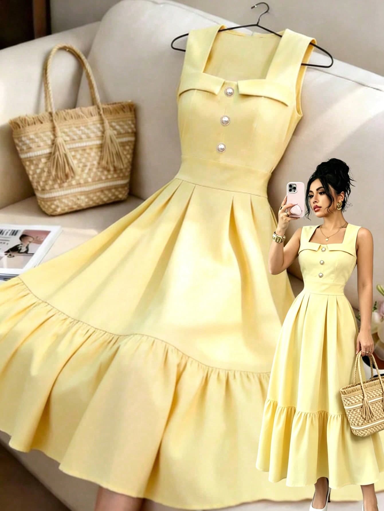 Elenzga New Square Neck Woven Solid Color Gathered Waist Design Elegant Vacation Style Everyday Versatile Women Mid-Length Dress