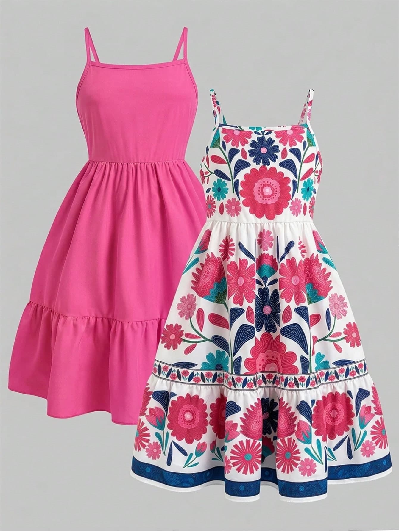 SHEIN Sparklyn Tween Girls Spaghetti Strap Dress, Slim Fit Waist, Ruffle Hem, Floral Print, Trim, Suitable For Daily Wear, Travel, Photography, Summer Outings