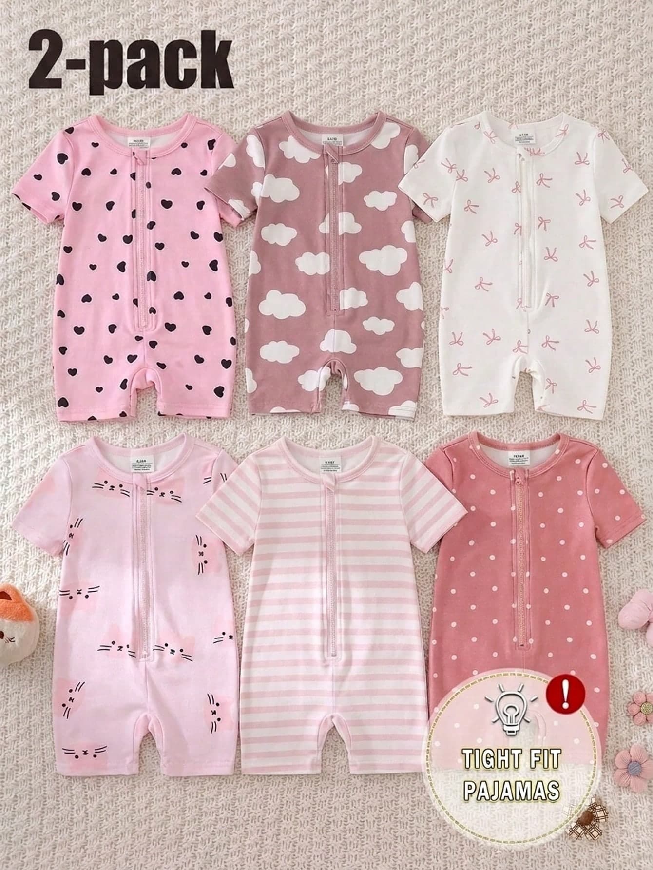 SHEIN 2-Piece Baby Girls Summer Cute Pink And White Polka Dot Heart Bow Pajamas Set,Short Sleeve Top & Elastic Waist Shorts Holiday Snug Fit Sleepwear