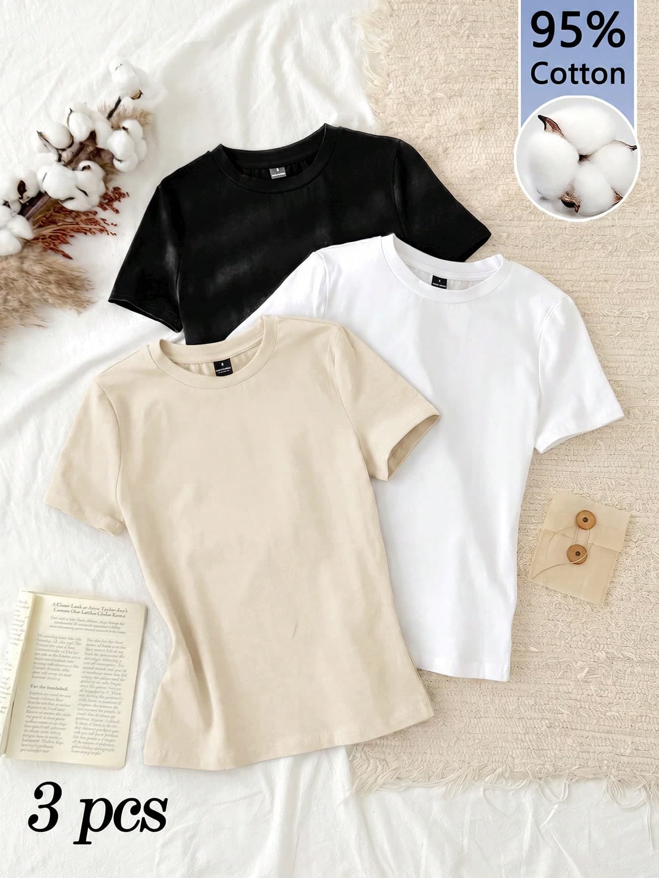 Tseoso 3pcs Set Women Casual Minimalist 95% Cotton Round Neck Fitted Short Sleeve T-Shirt, Summer Tops