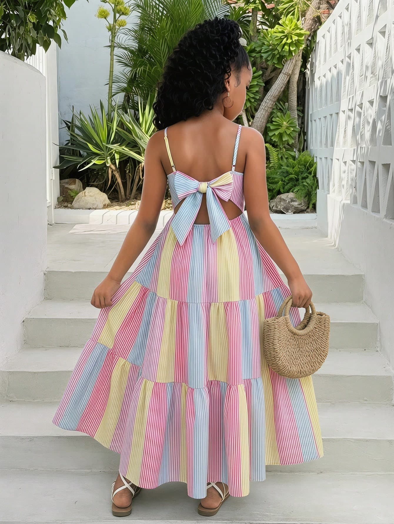 Tween Girls' Colorful Striped Ruffle Trim Backless Bowknot Cami Dress, Vacation Dress For Summer Beach Holiday
