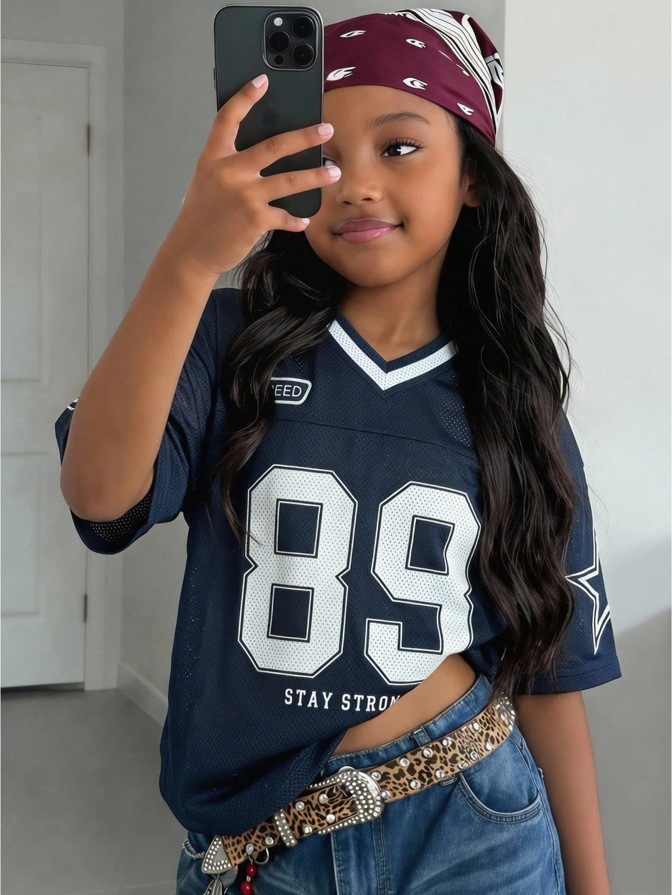 Tween Girls' Sporty Jersey Top, Colorblock With Numeric & Text Print, V-Neck Short Sleeve, Suitable For Sports Events, Spring/Summer