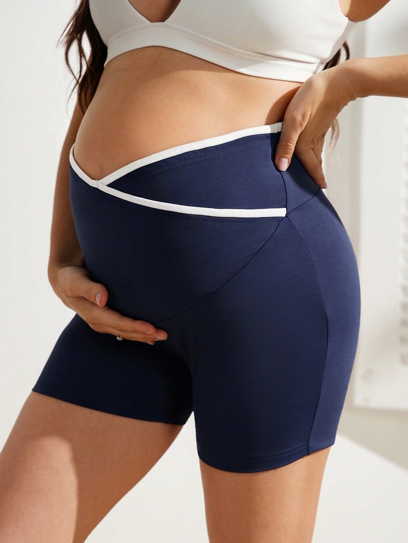 SHEIN Maternity Navy Blue Elastic Waist Asymmetric Sports Shorts,Summer Casual Gym Vacation Outfits For Women,Holiday Beach Clothes,Summer Outfit For Women