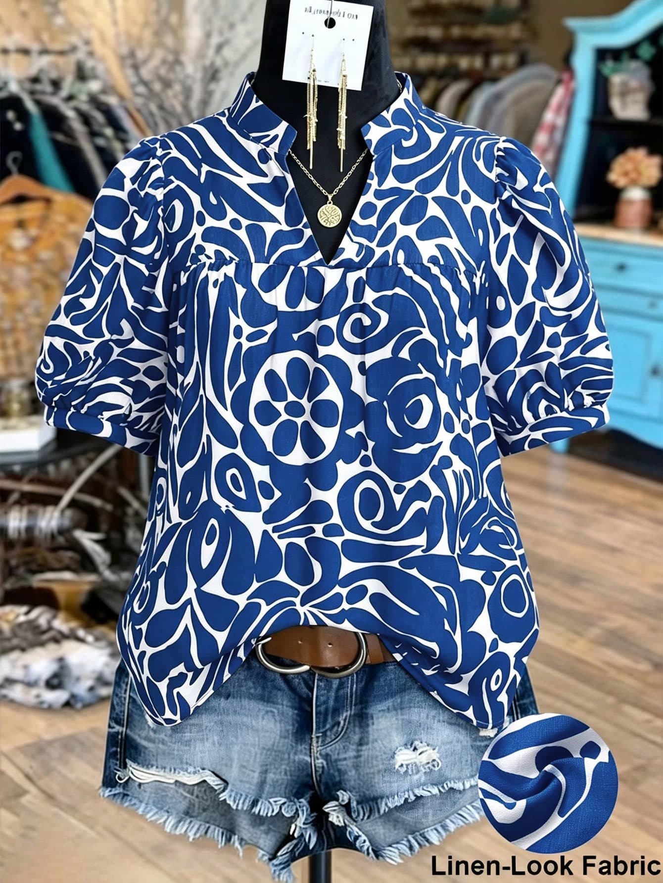 Linhara Women's Vintage Blue And White Abstract Floral Print Mandarin Collar Puff Sleeve Blouse,Summer Boho Vacation Holiday Blouse For Daily Commute