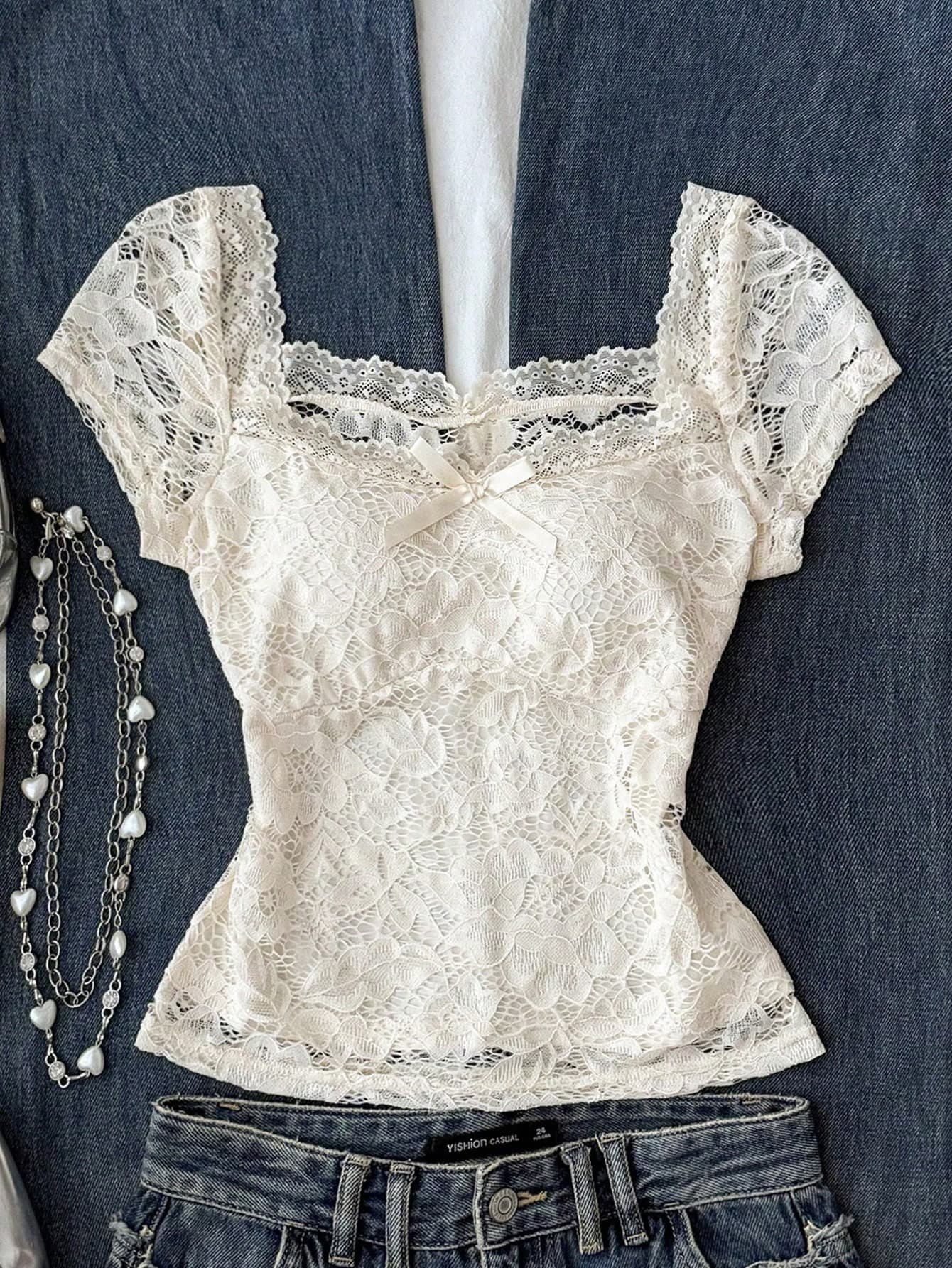 SHEIN Teen Girls' Casual Elegant Sweet Apricot Lace Short Sleeve T-Shirt, Summer New Arrival
