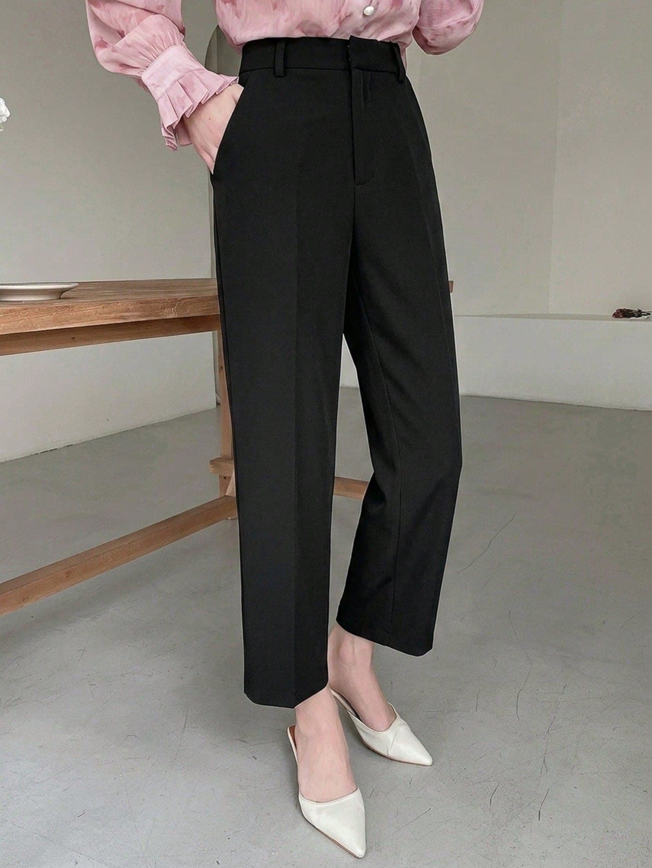 DAZY Women's Solid Color Pocket Casual Business Casual Versatile Daily Wear Pants Corporate Work Black Autumn