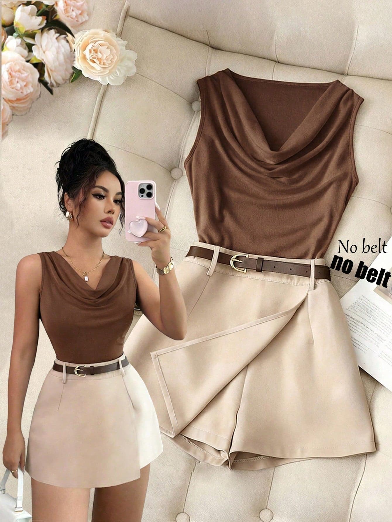 Rafferiza Women's 2pcs Brown Sleeveless Fitted Vest & Apricot Culottes Skirt Set,Elegant Summer Brunch Beige Casual Business Office Wear Preppy Style Suits