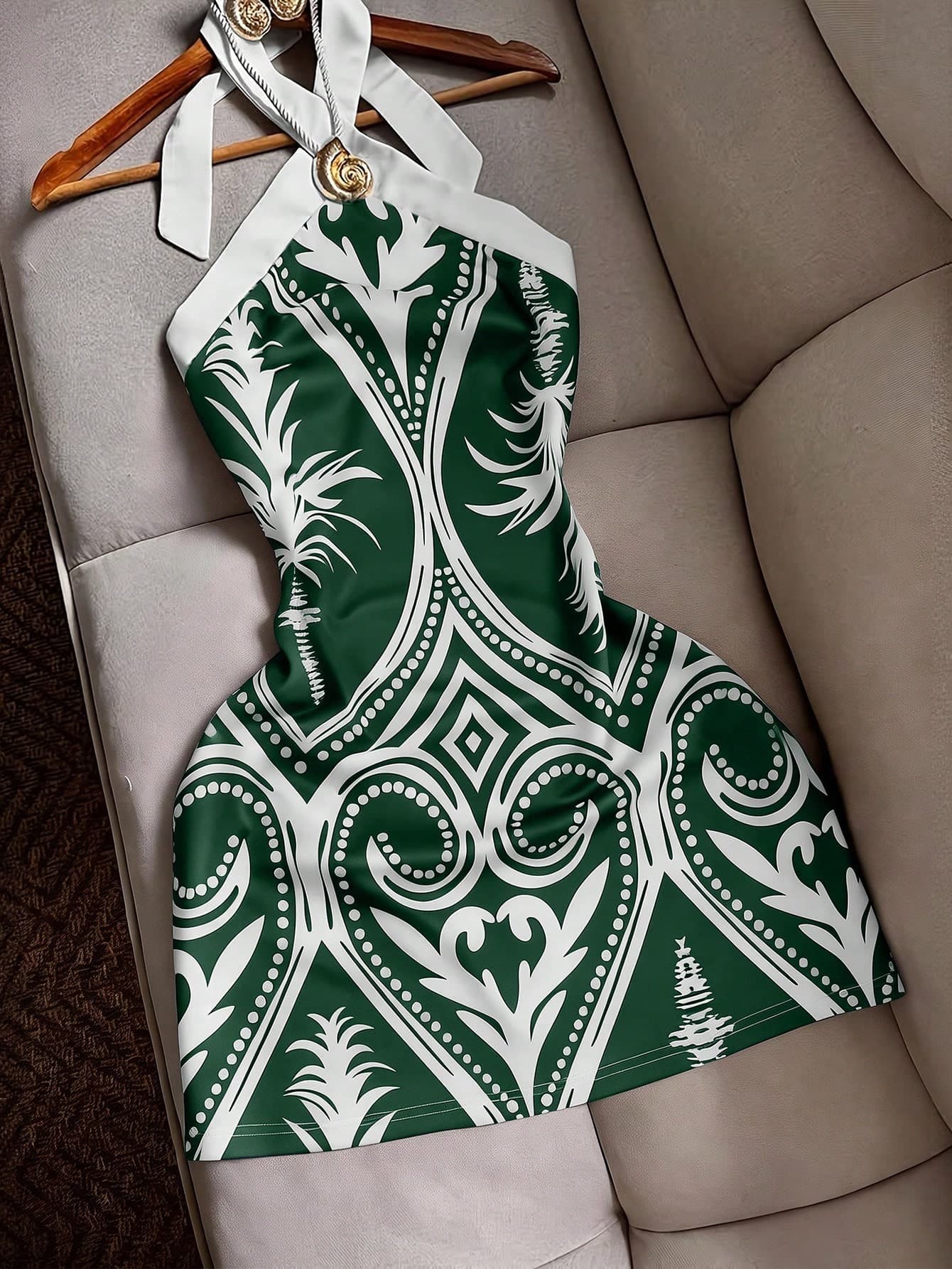 Franclia Sexy Fitted Halter Tie Waist Printed Color Block Mini Dress, Casual Beach Holiday Travel For Women