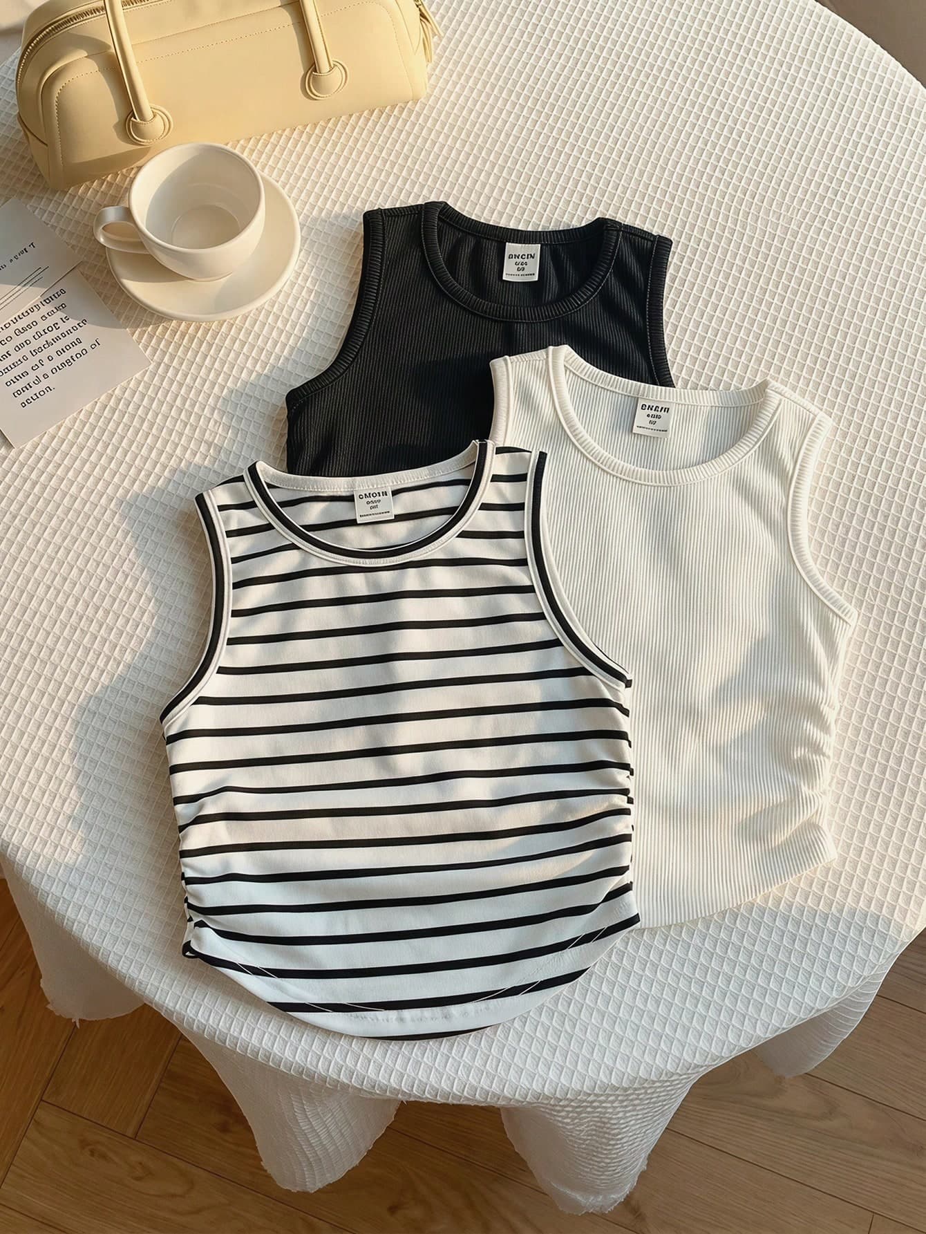 SHEIN 3pcs Young Girl Knitted Solid Striped Round Neck Pleated Casual Vest Set