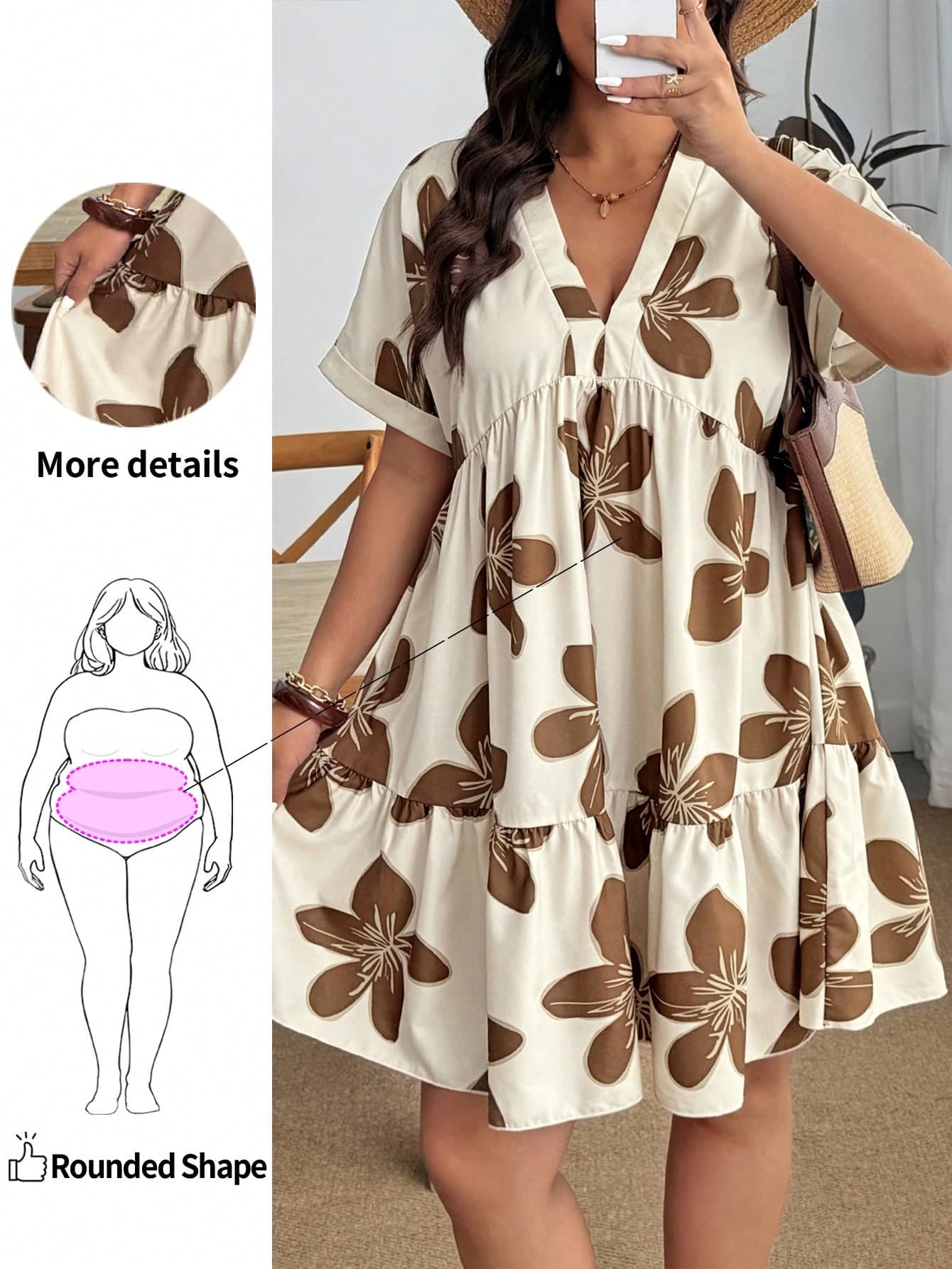 Enliva Plus Size Women's Summer Floral Print Dress,Beige Coffee Brown Short Sleeve Casual Daisy Dress For Vacation,Holiday Beach Vacation Outfits,Country