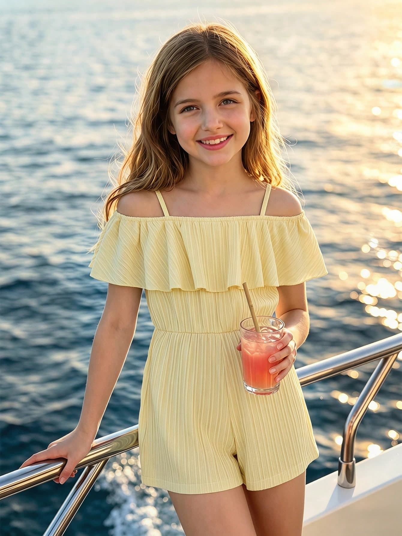 Sparklyn Tween Girls' Solid Color Spaghetti Strap Cold Shoulder Ruffle Hem Casual Loose Jumpsuit, Summer