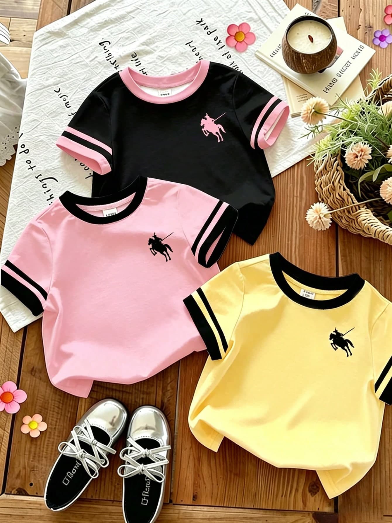 Souflis Souflis 3pcs/Set Girls Toddler Digital Print Short Sleeve Round Neck T-Shirts, Spring/Summer