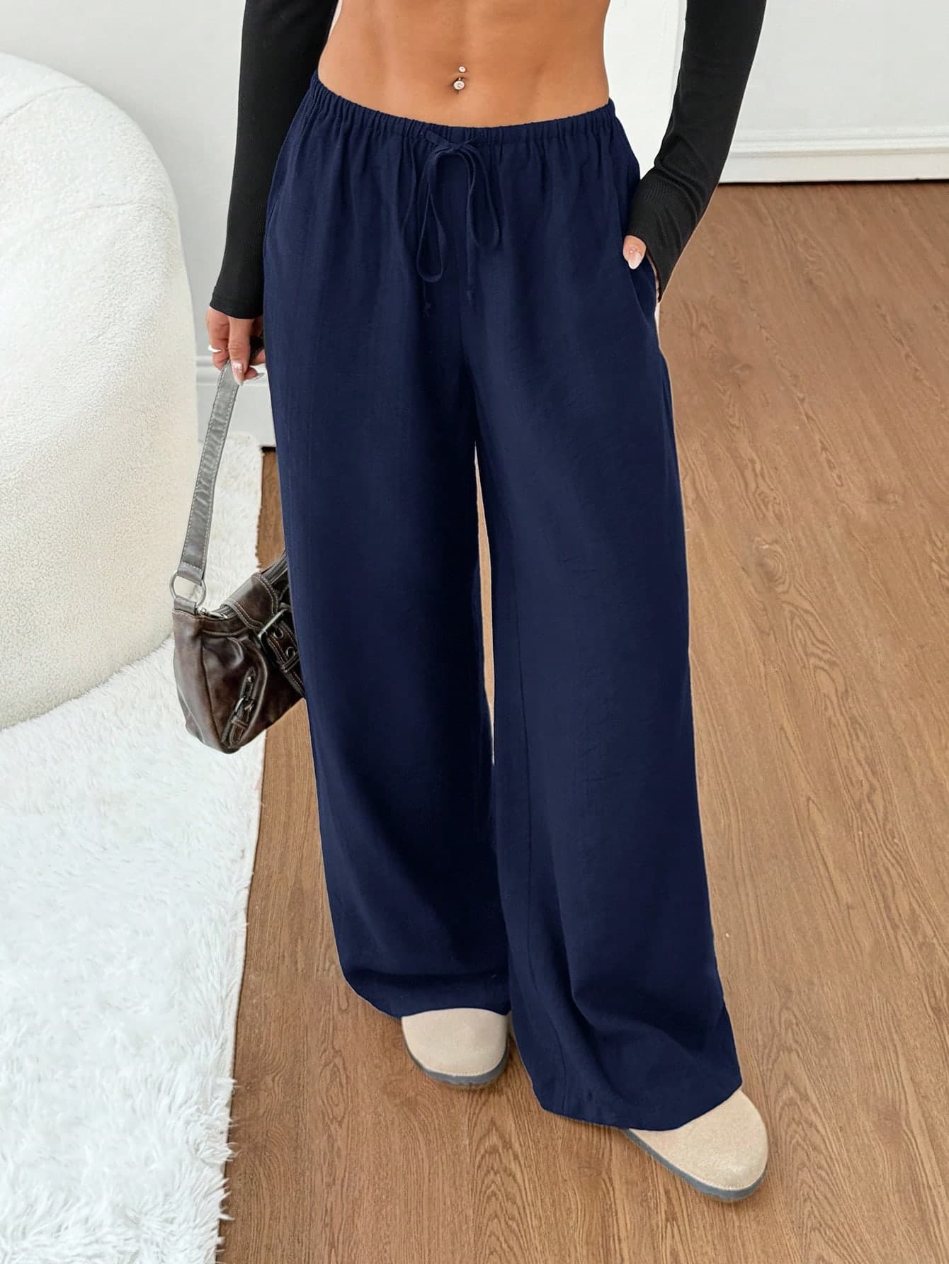 SHEIN PETITE Women's Black Solid Linen Low-Waist Straight-Leg Casual Pants, Suitable For Short Stature, Summer & Autumn ,Petite Women