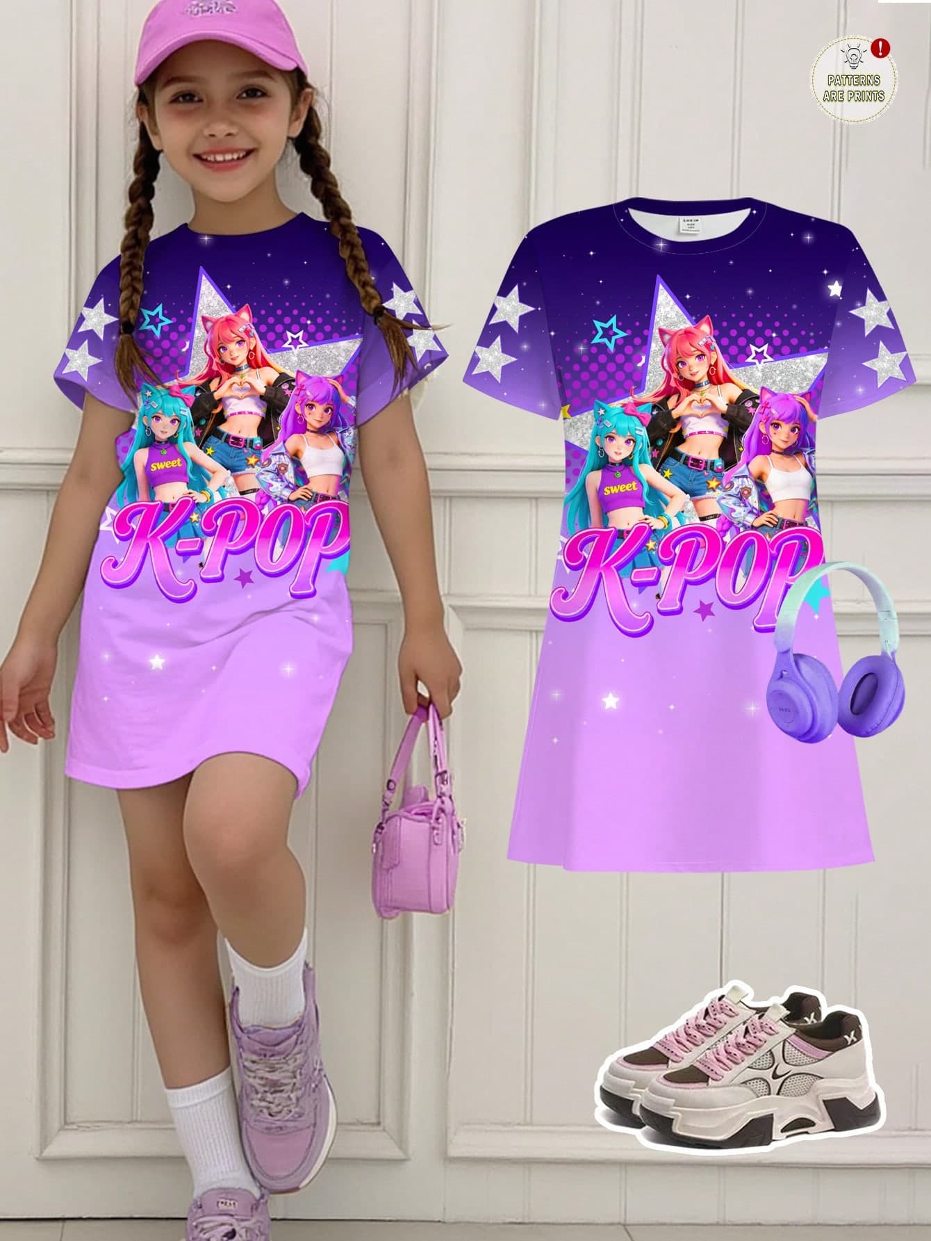 Tween Girl Casual Cartoon K-Pop Superstars Group Ombre Short Sleeve Dress,Light Blue,Summer,Cute,Y2k,Prom,School,Back-To-School,Travel,Sister Matching
