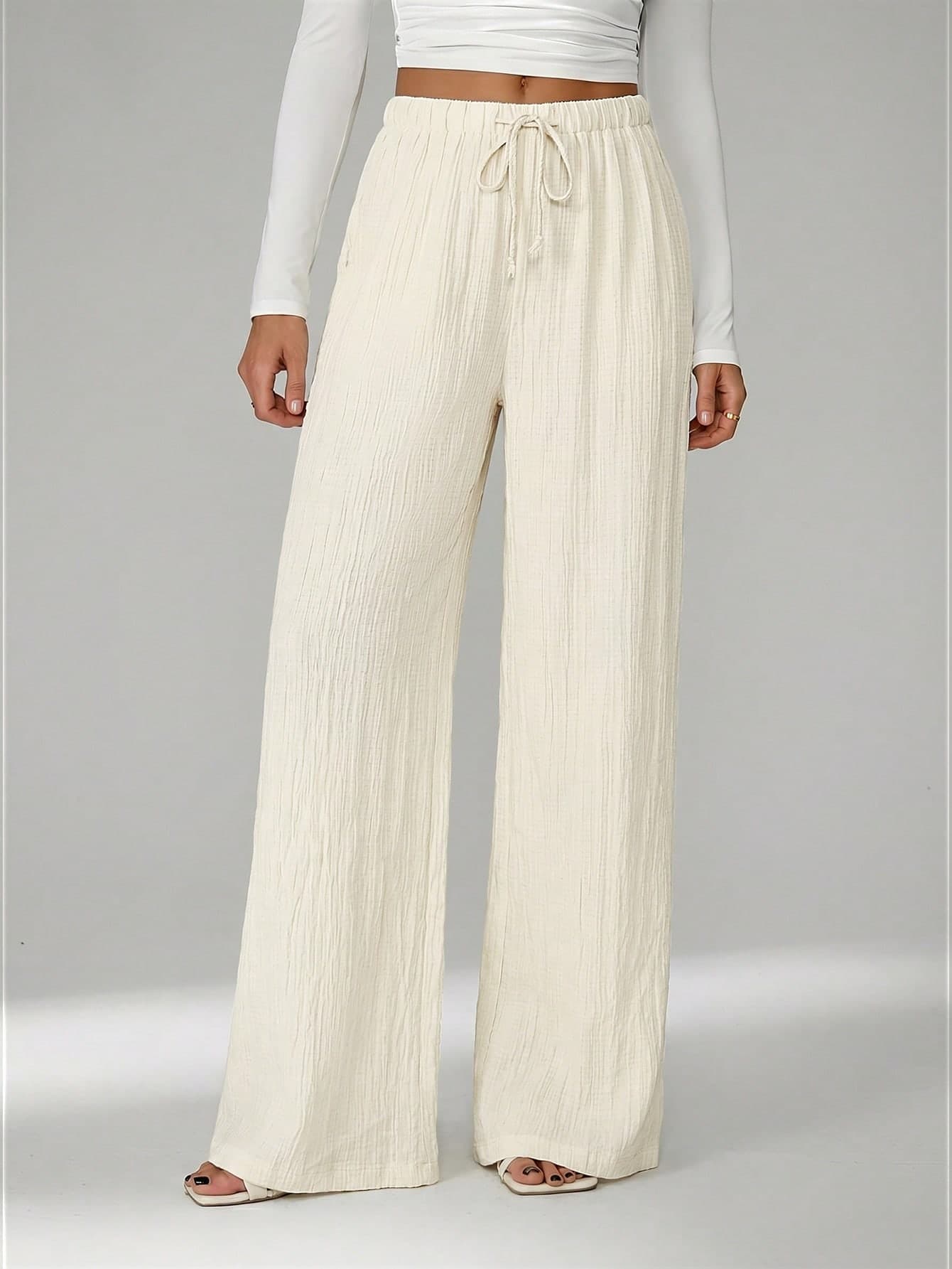 SHEIN Tall Loose Drawstring Waist Trousers In Textured Crinkle Fabric, Tall Women