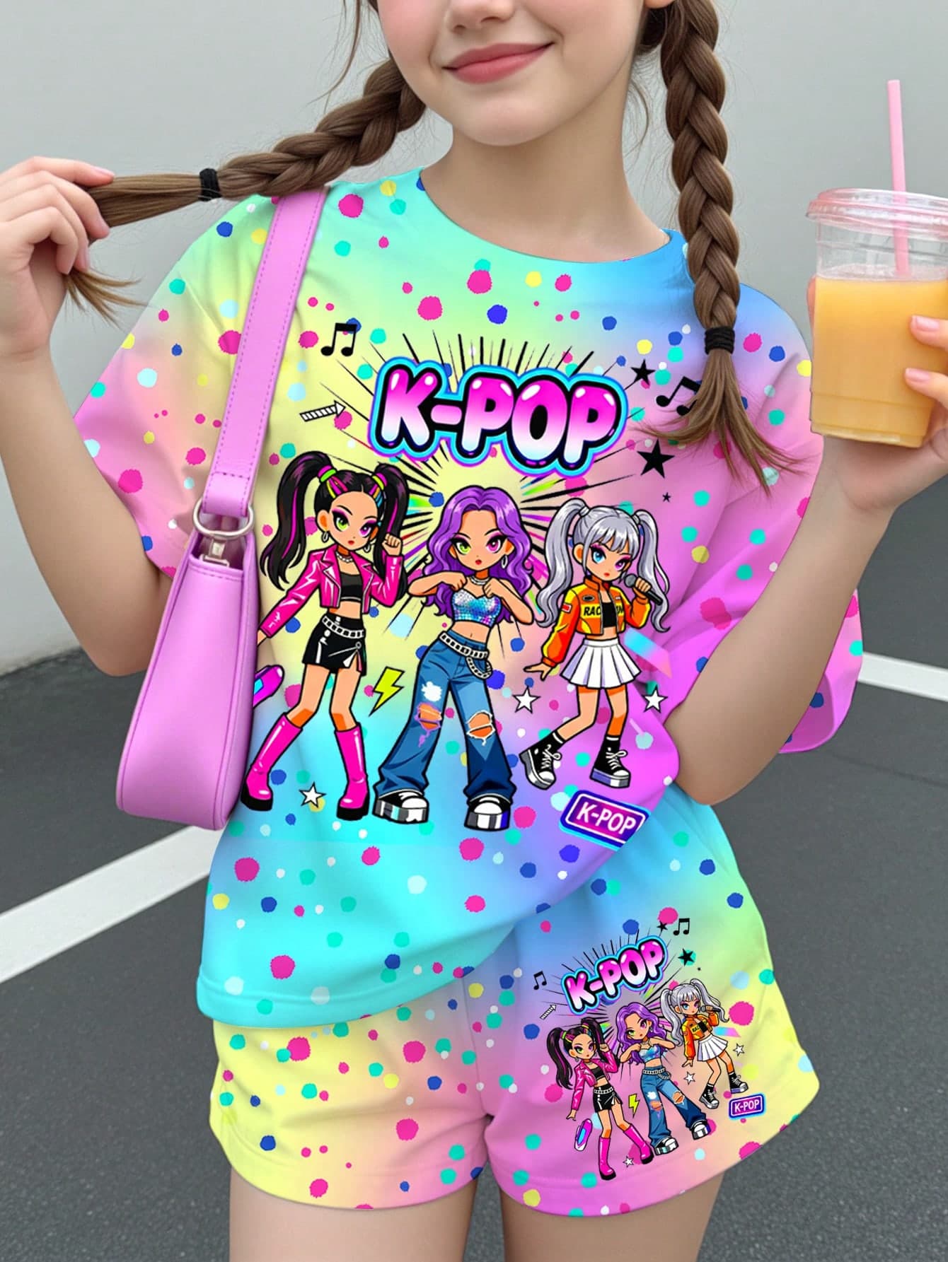 Tween Girl Casual Minimalist Cartoon Girl Group Print, K-Pop Superstars , Round Neck Short Sleeve T-Shirt Suitable For Summer
