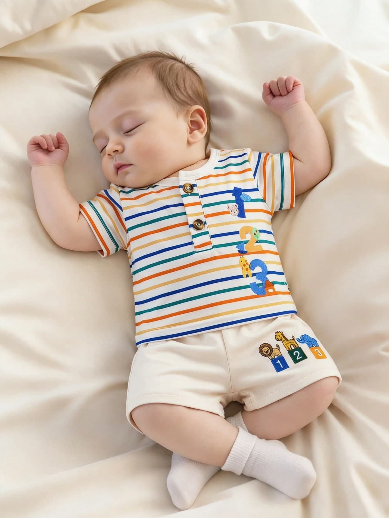 SHEIN 2pcs Newborn Baby Boy Short Sleeve Set Beige Coconut Tree Top Dinosaur Print Shorts Soft Summer Casual Cute Family Matching Refreshing Outfit Suit