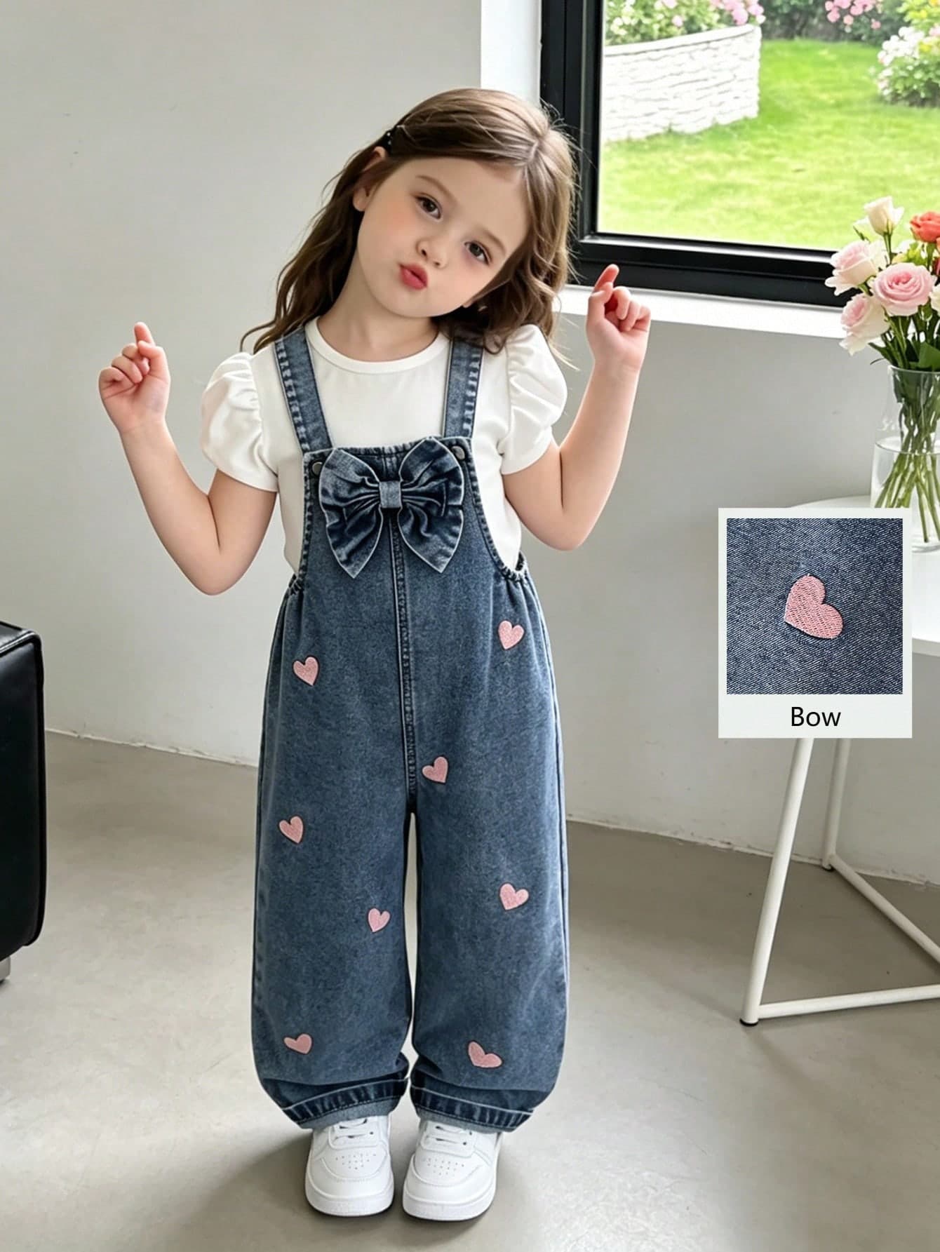 SHEIN Genkimix Kids Young Girls' Fashion Blue Denim Bib Pants,Back-To-School Retro Pink Heart Embroidery Design,Big Bow Decor On Chest,Loose Straight Leg Soft Fabric