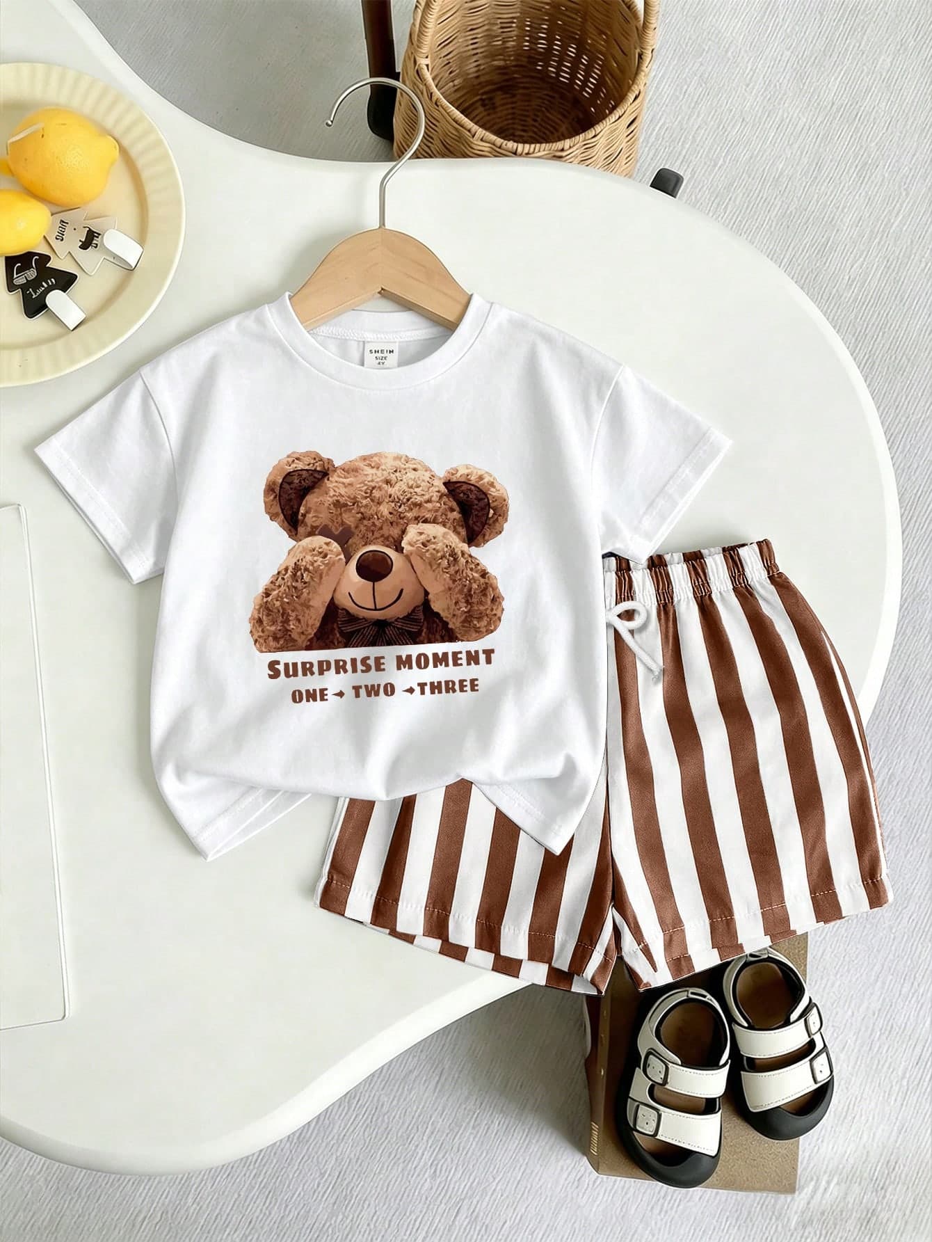 SHEIN Playful Pals 2pcs/Set Toddler Boys' Cute Cartoon Bear & Letter Print White T-Shirt With Contrast Stripe Shorts,Summer Casual Outfit,Career Day,Back-To-School