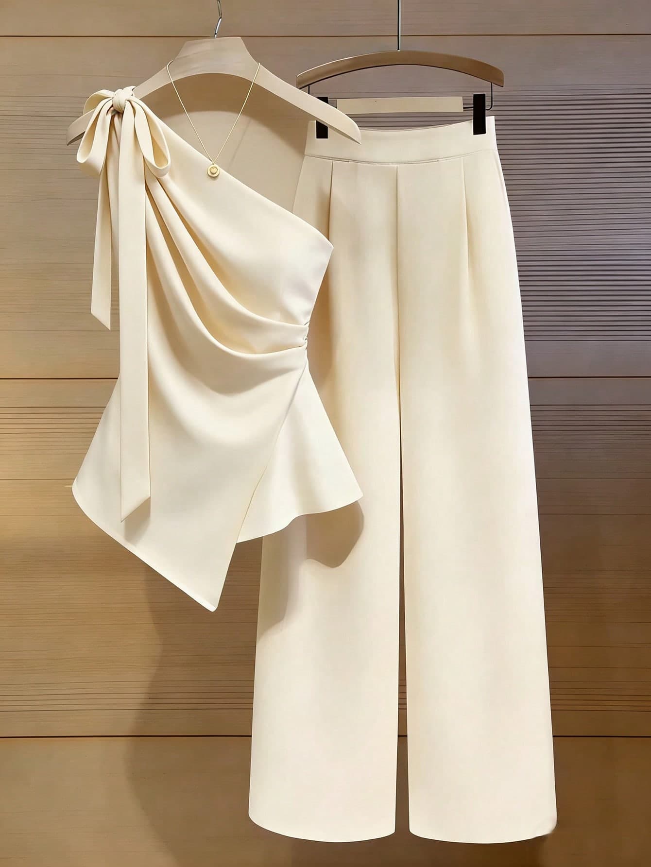 SHEIN Franclia Women's Elegant Tie-Strap Asymmetric Hem Top And Pants Two Pieces Set,Cream White,Summer,Party,Gala Wedding Guest Luxury Evening Dress,Office Commute