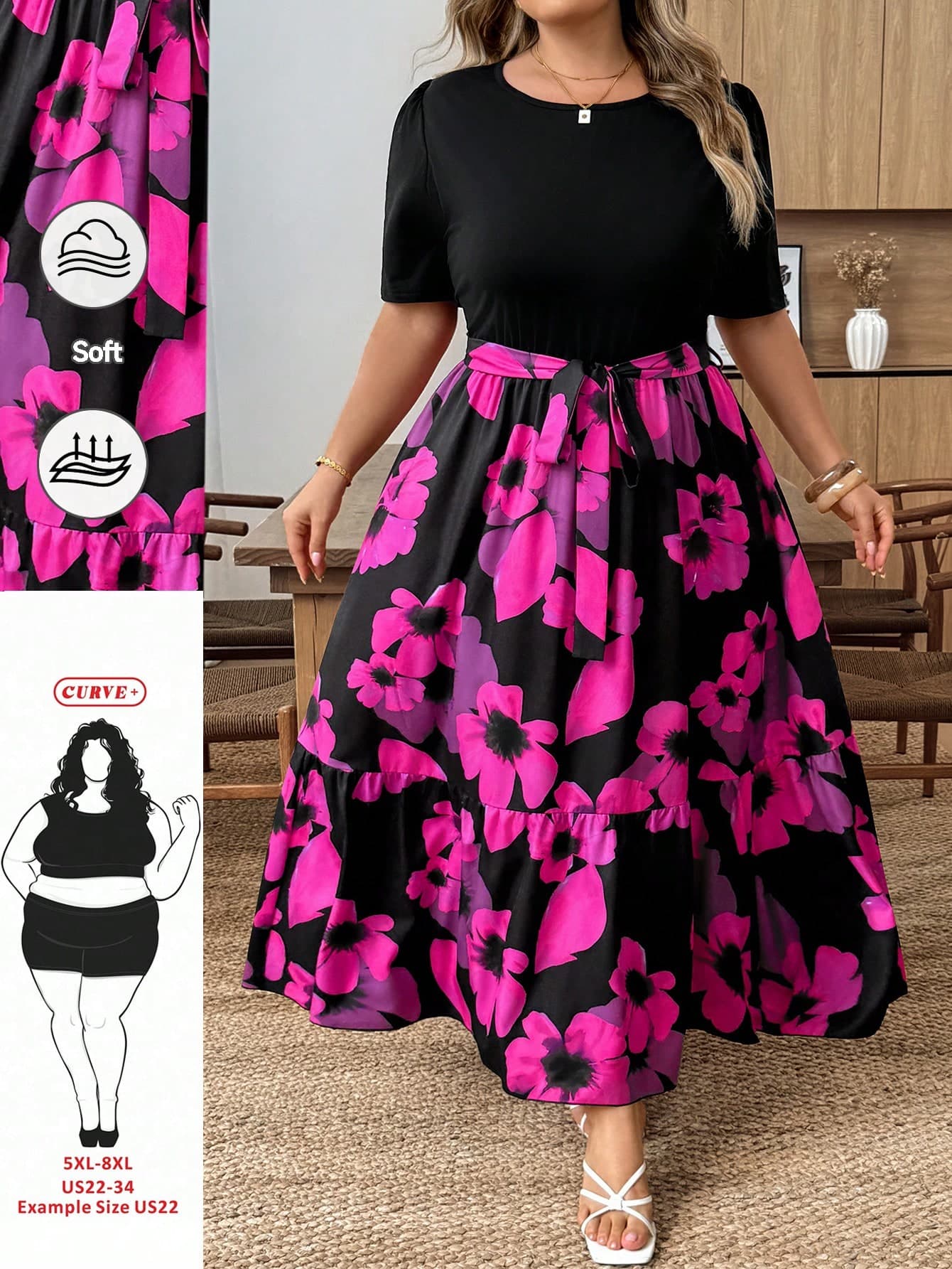 SHEIN CURVE+ Plus Size Floral Print Patchwork Casual Vacation Dress