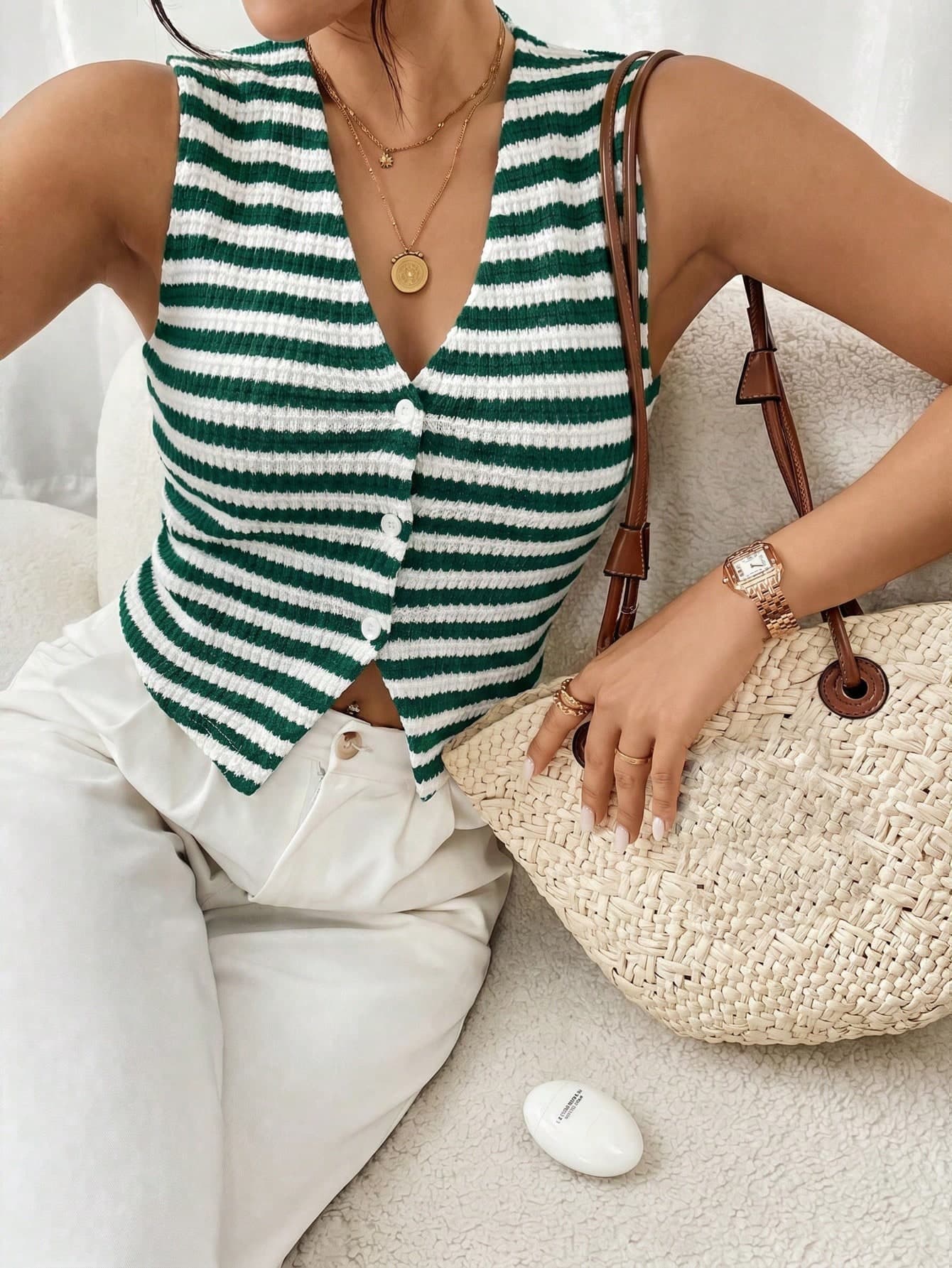 SHEIN Frenchy Women's Fashionable Versatile Striped Button Camisole, Suitable For Daily Wear,Summer Top
