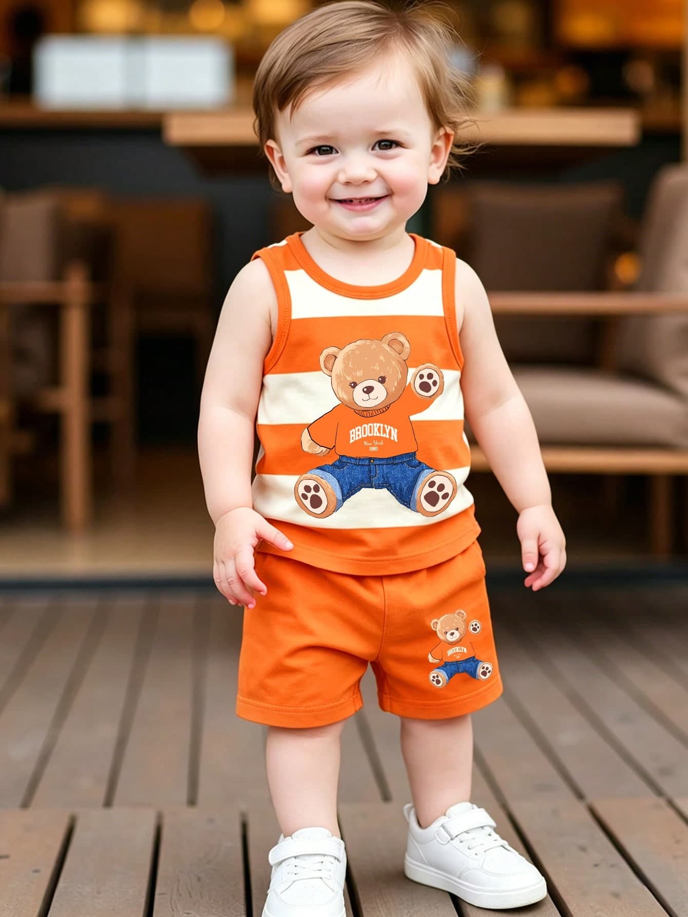 Souflis Souflis 2pcs/Set Baby Boy Casual Outfit, Cute Striped Brooklyn Bear Graphic Tank Top Paired With Orange Shorts, Suitable For Summer Outings