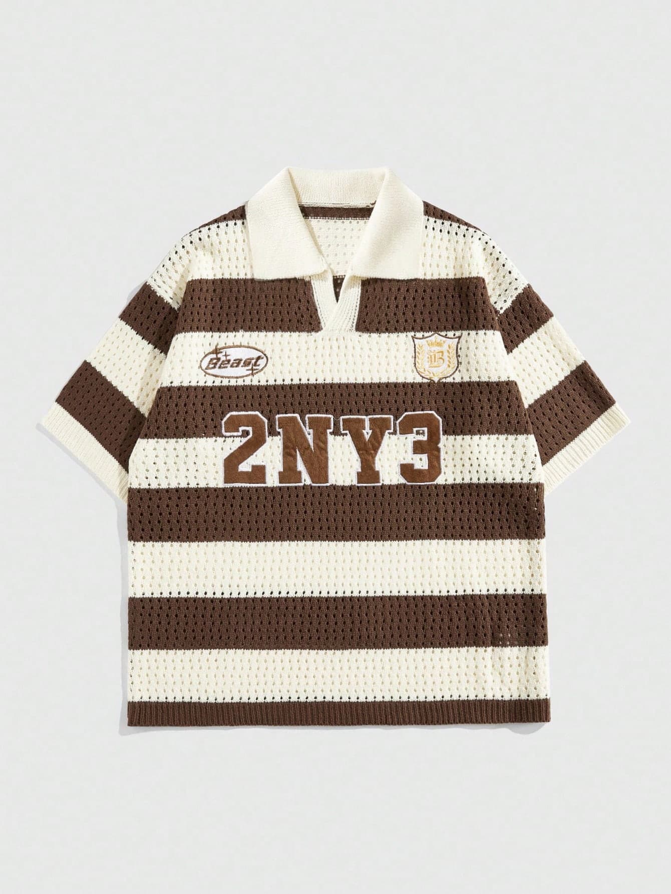 ROMWE MEN Street Life Teen Boy Numeric Embroidery Striped Short Sleeve Casual Knit Top