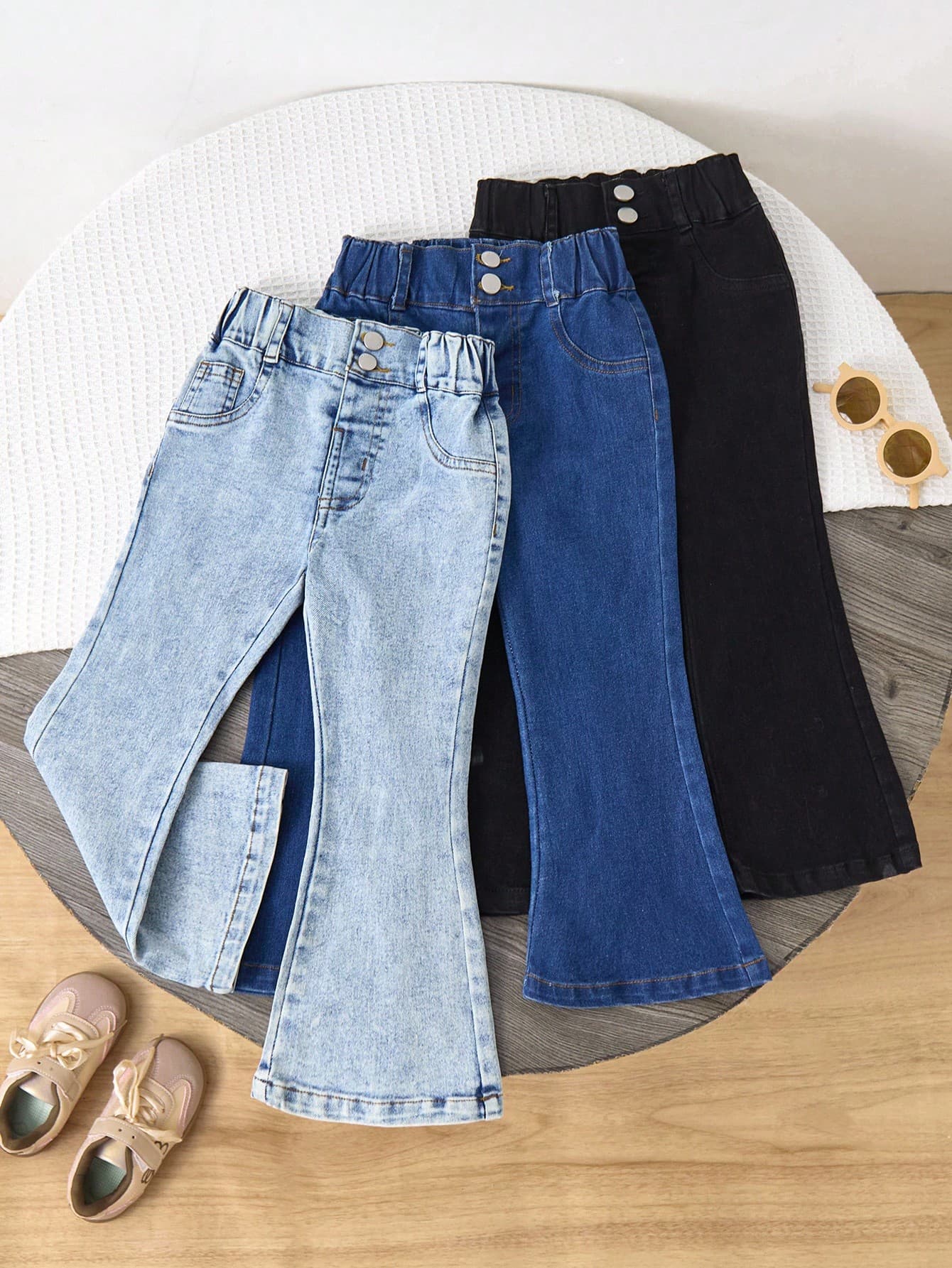 Genkimix Kids 3pcs Young Girls Denim Flare Pants Set,Solid Color Dark Blue Slim Fit Stretchy Flared Jeans,Casual Back-To-School Street Fashion For Spring/Summer