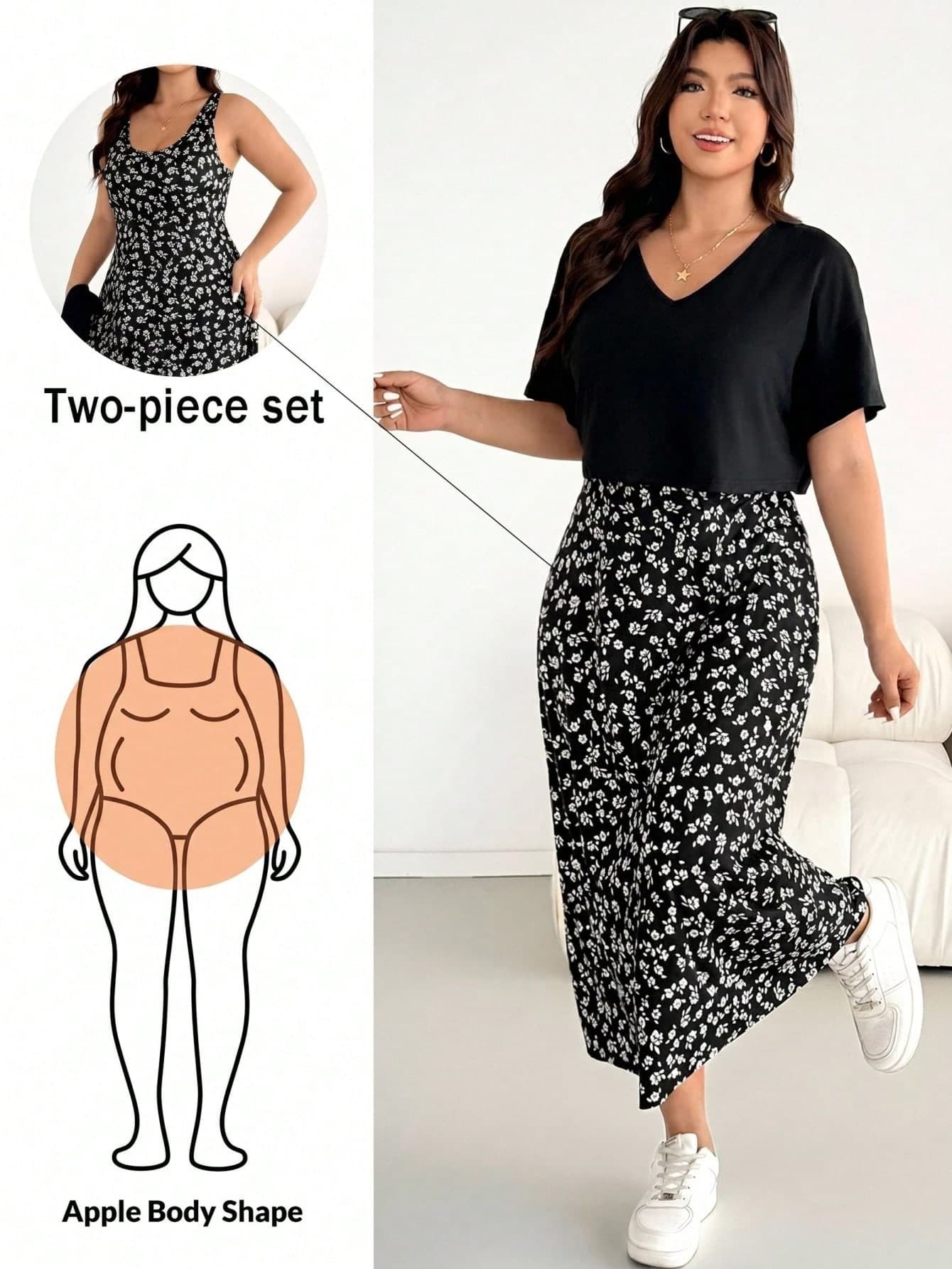 Shapeblank 2pcs/Set Casual Vacation Black Short Sleeve T-Shirt With Romantic Floral Print & Sleeveless Dress, Plus Size, Suitable For Summer, Black Set