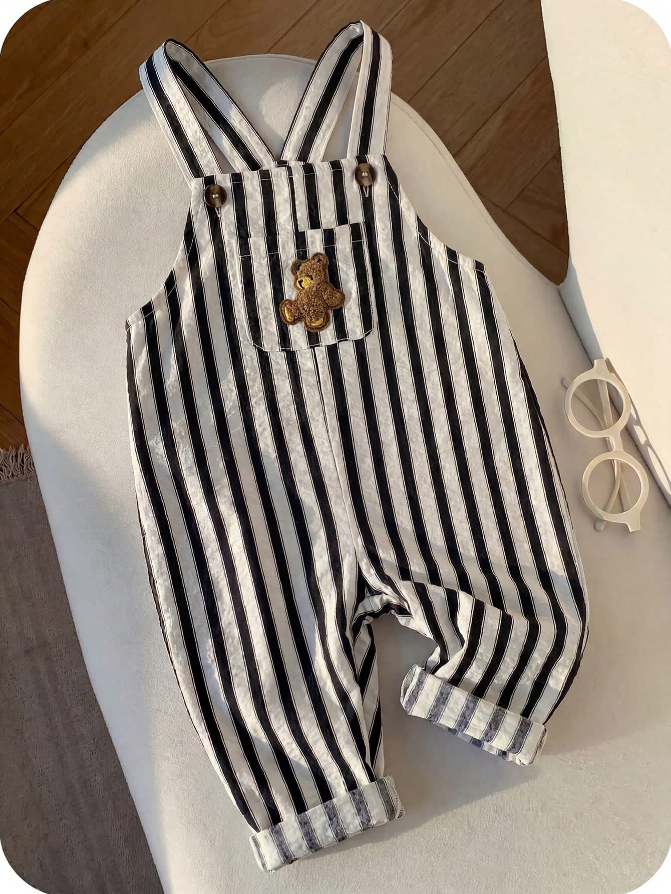 SHEIN Baby Boy Casual Cute Versatile Striped Cartoon Bear Pattern Bib Jumpsuit Baby Boy Overall Set