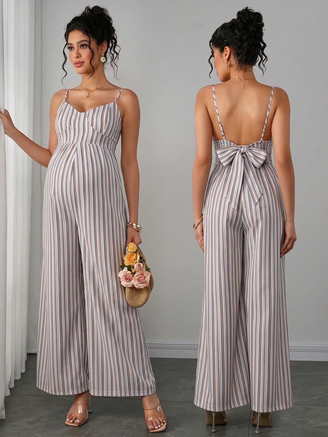 SHEIN Women's Casual Sleeveless Tie Bow Jumpsuit, Maternity Friendly, Spring/Summer Maternity Photoshoot