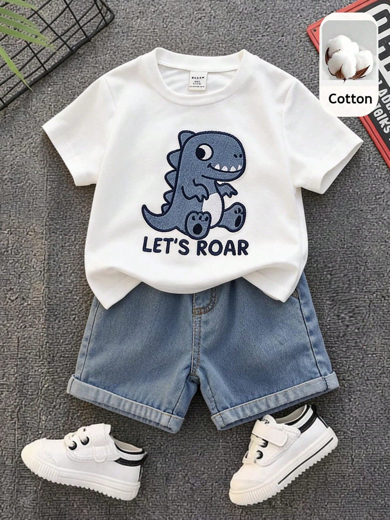 SHEIN 2pcs Toddler Unisex Baby Boy/Girl Casual Cute Dinosaur Embroidered Short Sleeve T-Shirt And Denim Shorts Set,Boy Outfit,Summer Clothes,Streetwear