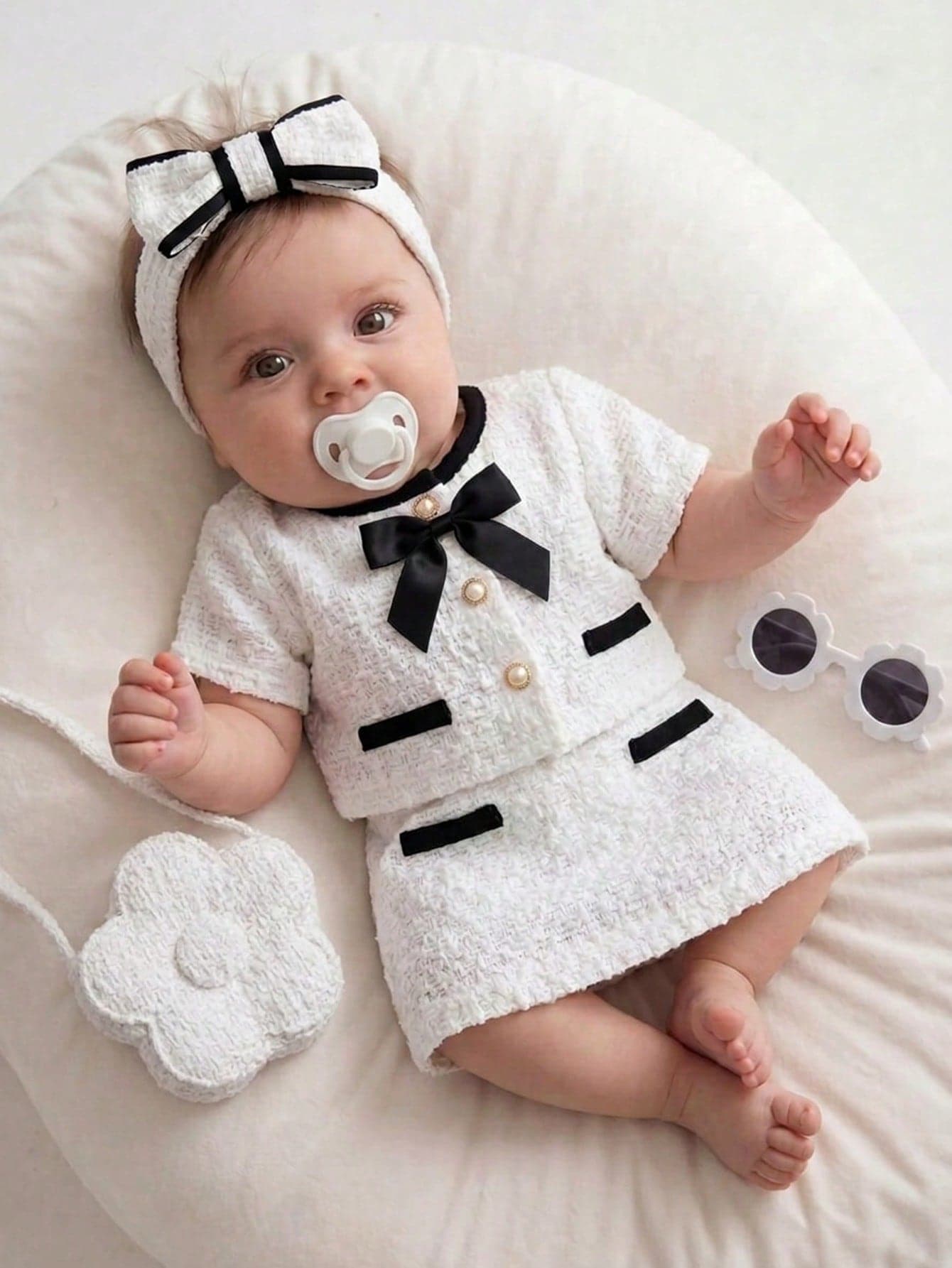 SHEIN 2-Piece Baby Girl Woven Tweed Top & Skirt Set,Black And White,Summer,Formal,Party Cruise Cute Newborn Knitted Outfits With Faux Pearl Button & Bow