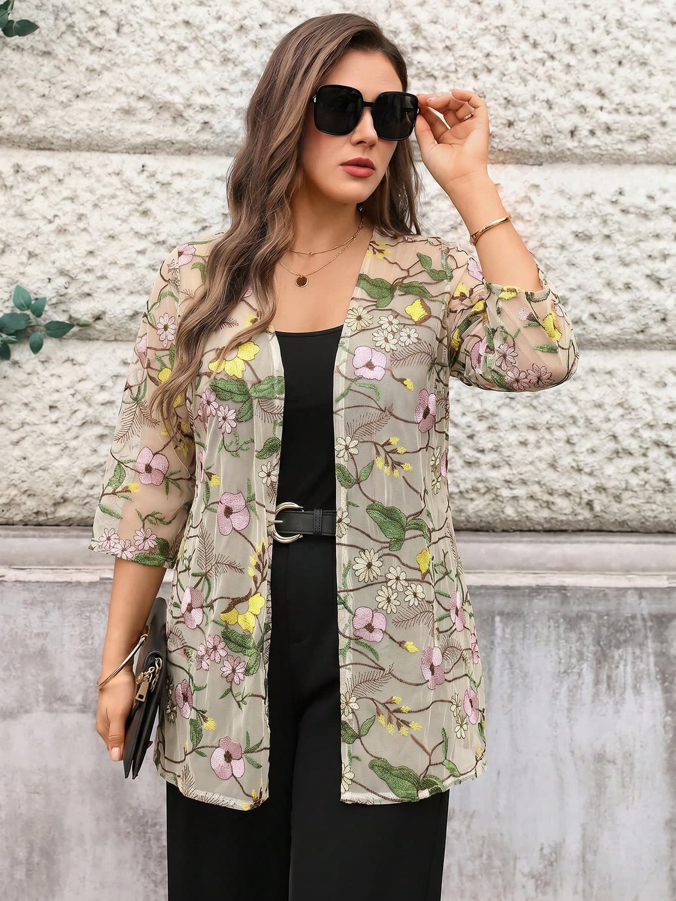 Miaspire Plus Size Floral Embroidered Mesh Jacket