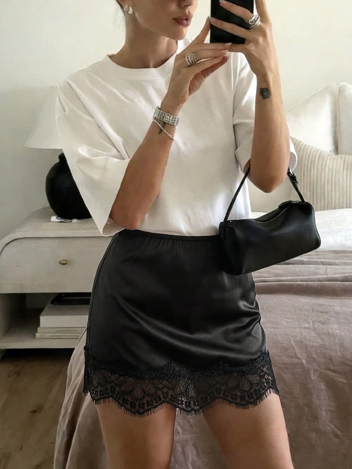 Easowa Women's Solid Color Contrast Lace Elegant A-Line Skirt