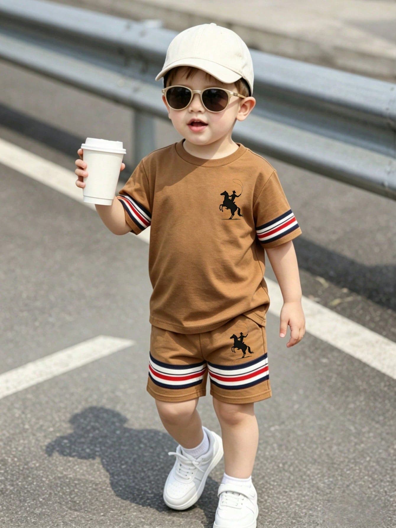 SHEIN Playful Pals 2pcs/Set Young Boy's Casual Striped Print Short Sleeve T-Shirt And Striped Print Shorts, Fashionable And Comfortable, Suitable For Spring/Summer, Photography, Daily Wear, Outings, Street Style, Holidays, Gifts