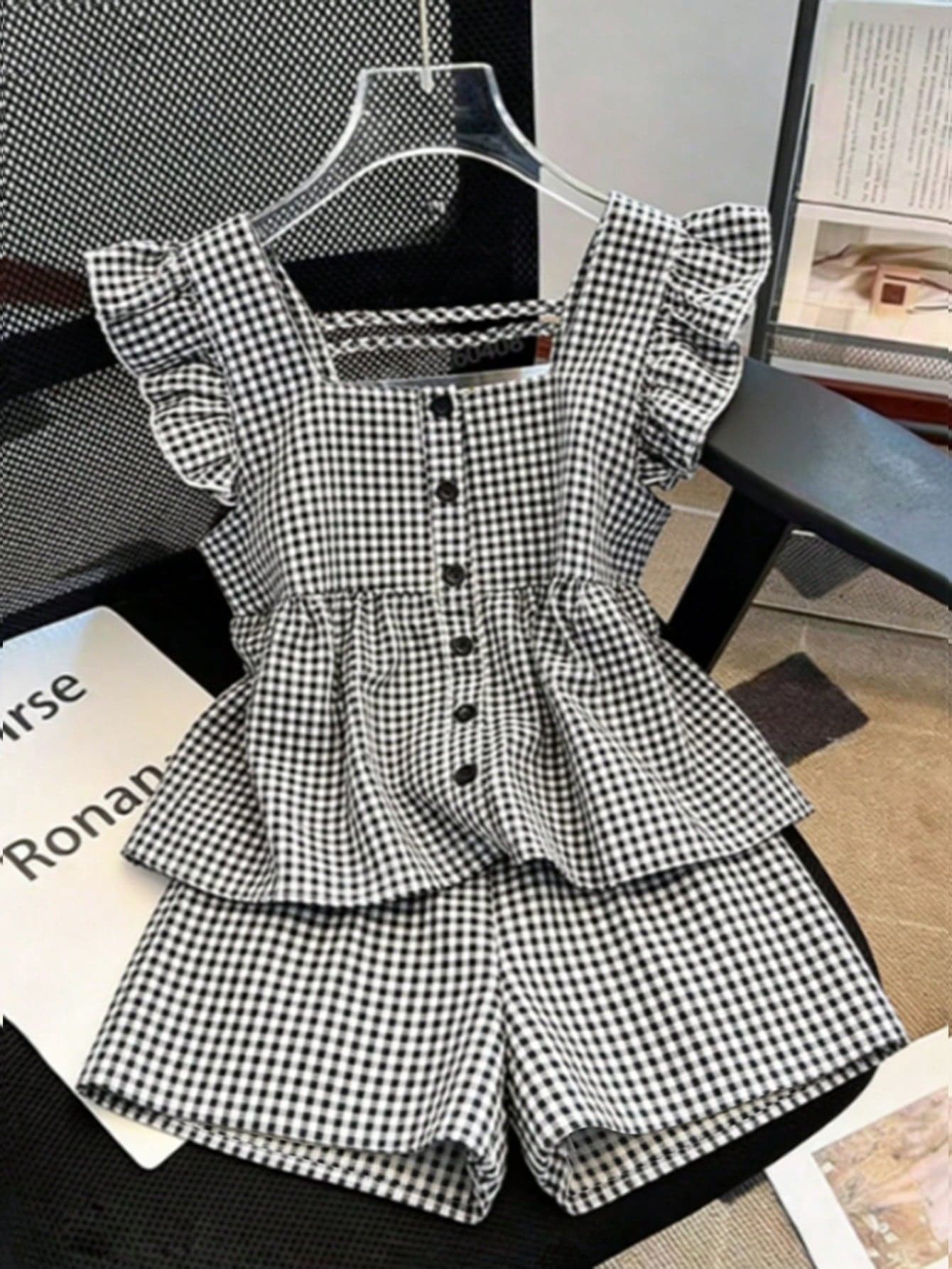 SHEIN Franclia Women's Summer Outfit, Comfortable Shorts, Flared Top, Linen-Feel Classic Plaid Casual Suit For Holiday