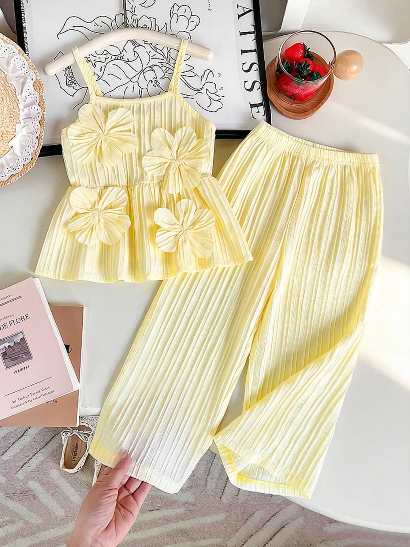Genkimix Kids 2pcs Girls Solid & Striped 3D Floral Camisole And Pants Set, 2 Pieces Yellow Wave Children Elegant Fashionable Soft Girly Summer Outfit