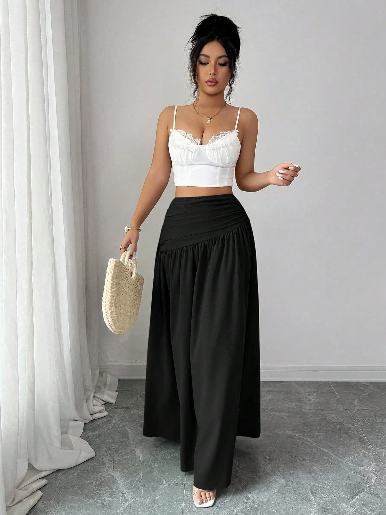 Elenzga Women's Casual Commute Solid Black Pleated A-Line Skirt,Classy Elegant Distinctive Design,Versatile Summer Vacation Fashionable Back-To-School Season