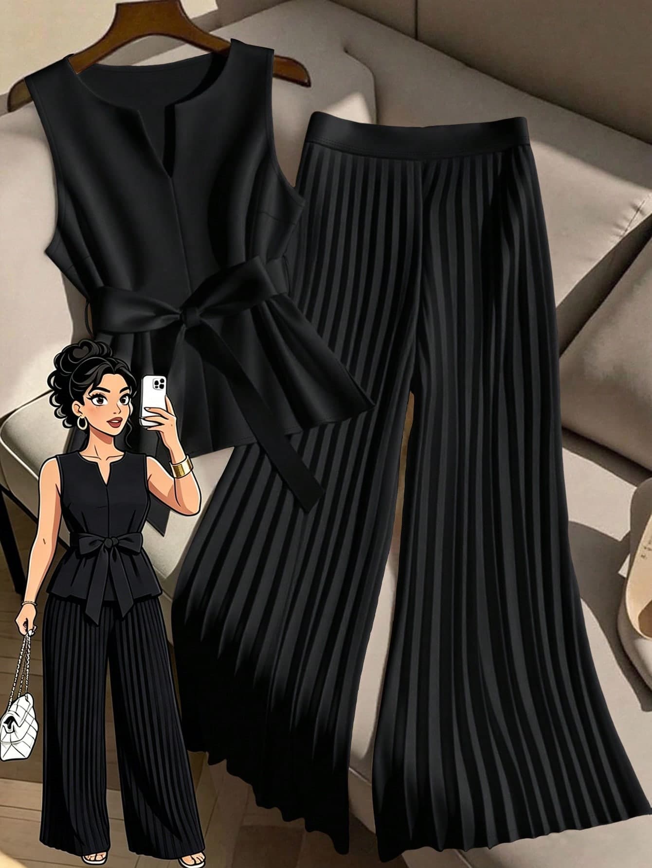 GlowEve CURVE 2pcs/Set Women Plus Size Sleeveless Top And Casual Wide Leg Pleated Pants