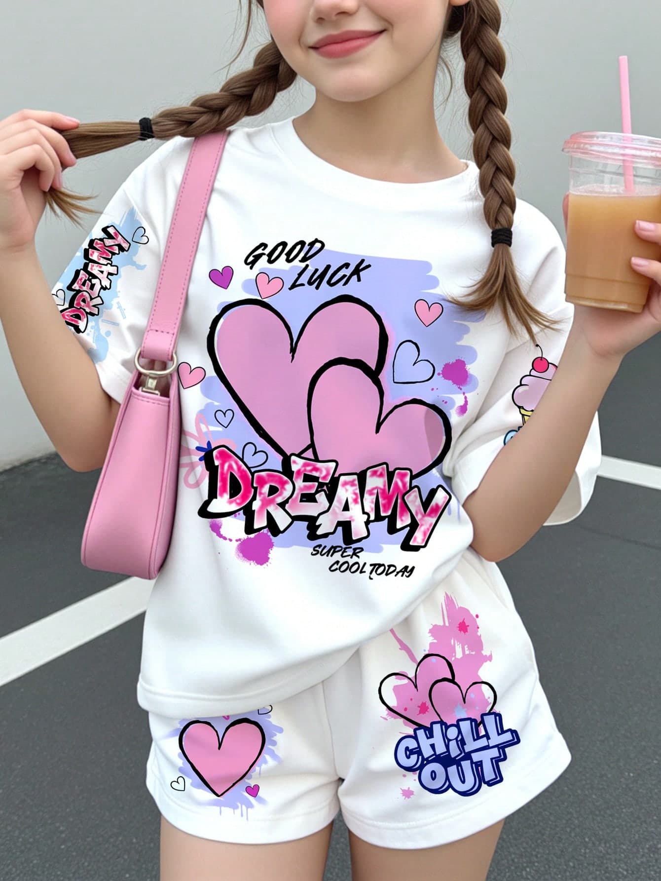 Tween Girl Casual Cute Graffiti Heart Pattern Cream White Short Sleeve T-Shirt And Shorts 2-Piece Set, Suitable For Summer