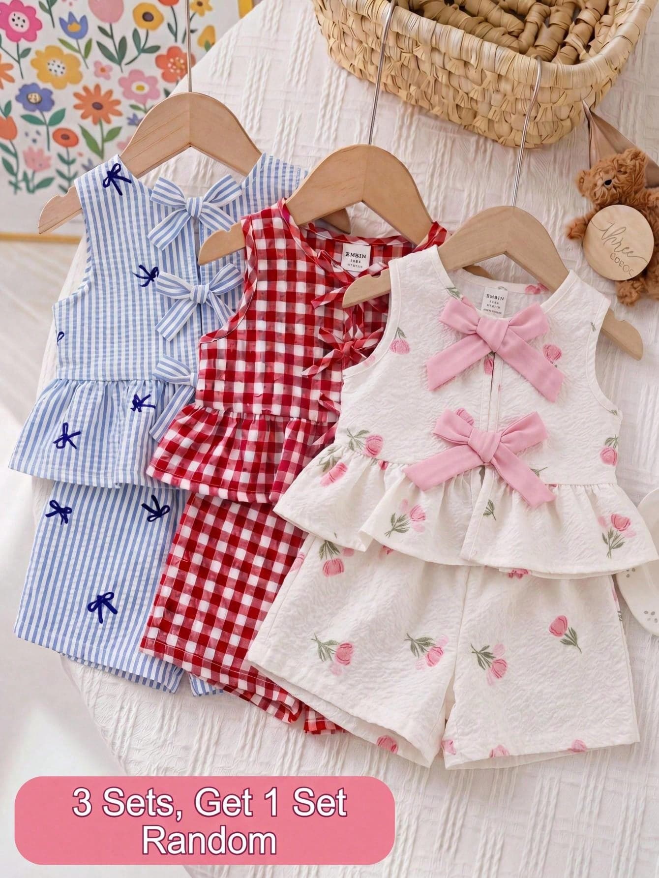 SHEIN Baby Girl Cute Strawberry Print 2 Pcs Set,Summer Sleeveless Tie Bow Ruffle Hem Top And Shorts,Blue And White Plaid Vacation Cruise Outfit For Girls
