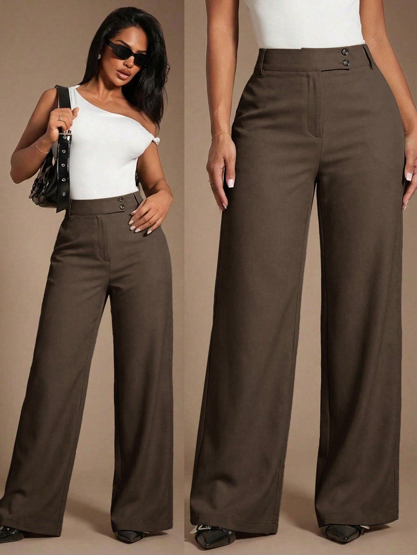 Radiana Women High Waist Relaxed Fit Wide Leg Elegant Casual Pants With Button Detail Chocolate Brown Bussines Office Autumn Fall