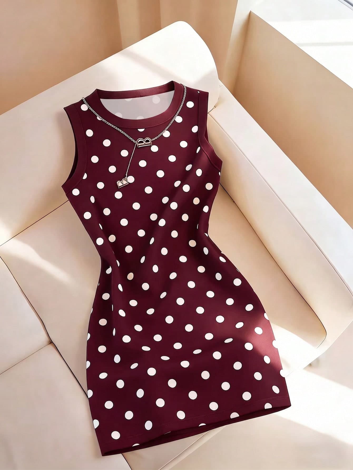 SHEIN Women's Spring/Summer New Arrival Polka Dot Print Fitted All-Match Versatile Camisole Dress