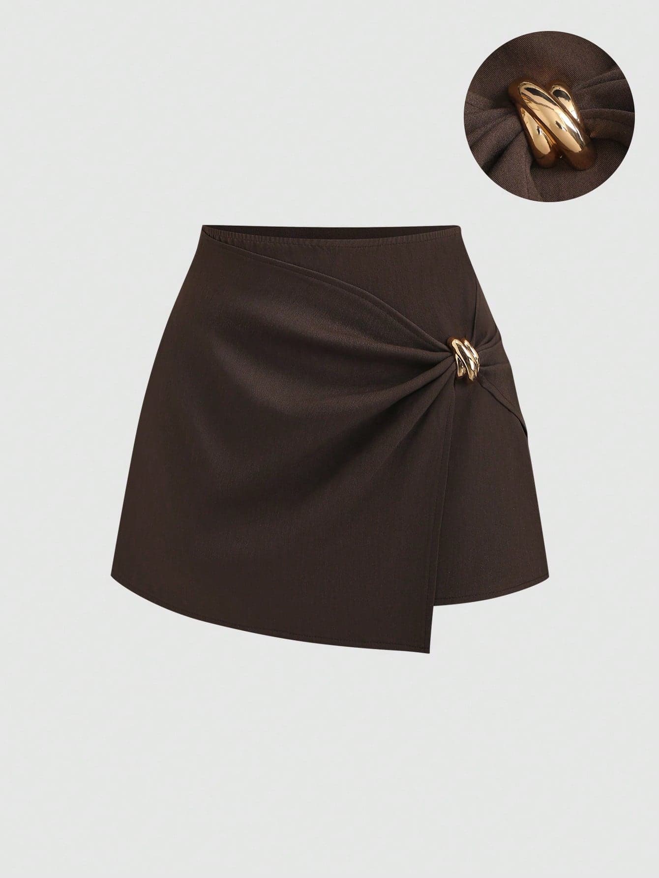Sweetra Elegant Brown Gold Metal Detail Summer Skirt, Luxury Asymmetric Metal Ring Twist Low Waist Wrap Skirt For Holiday, Night Out, Casual Commute Campus