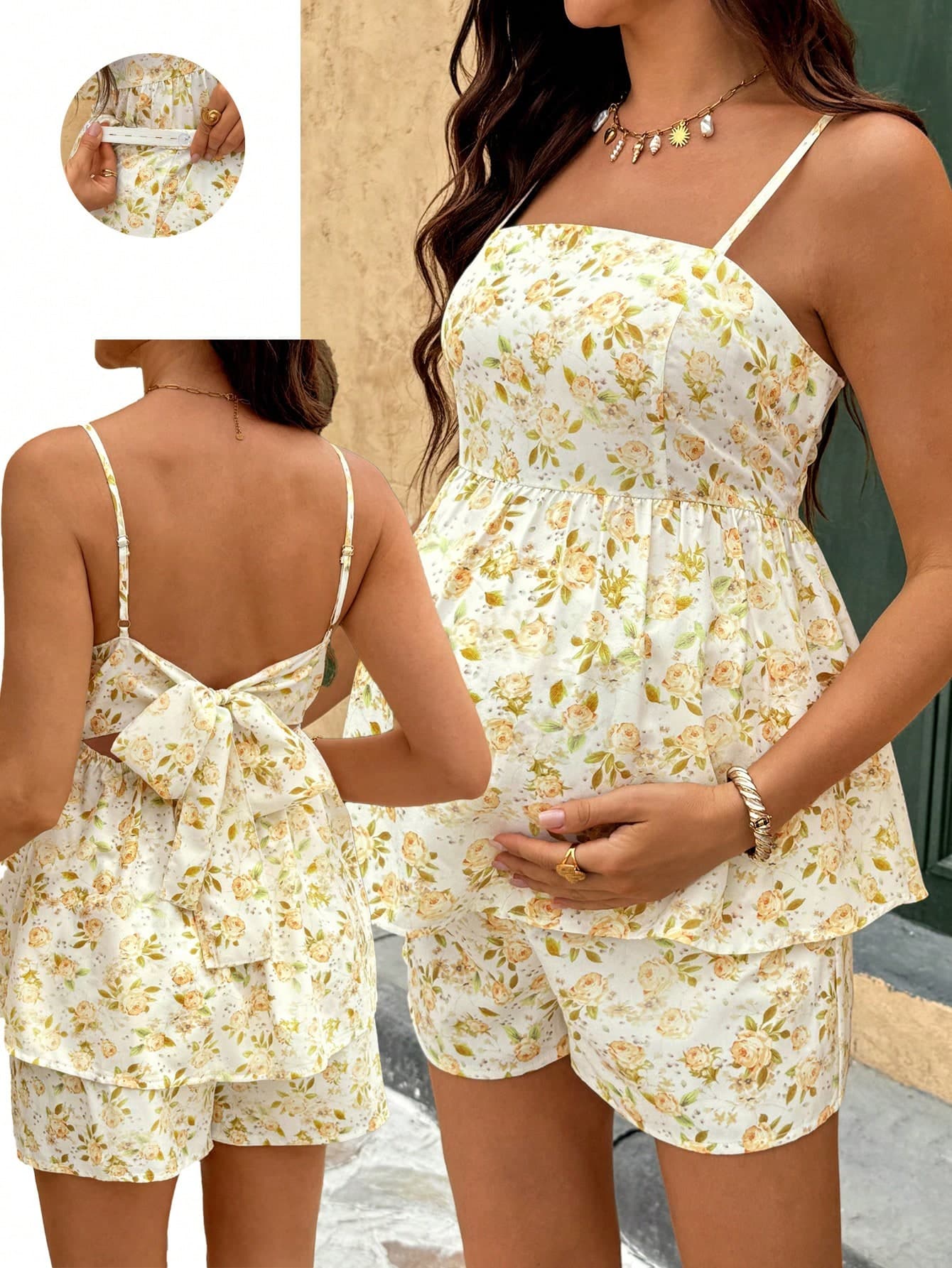 SHEIN Maternity Floral Print Camisole And Shorts Casual 2 Pieces Set