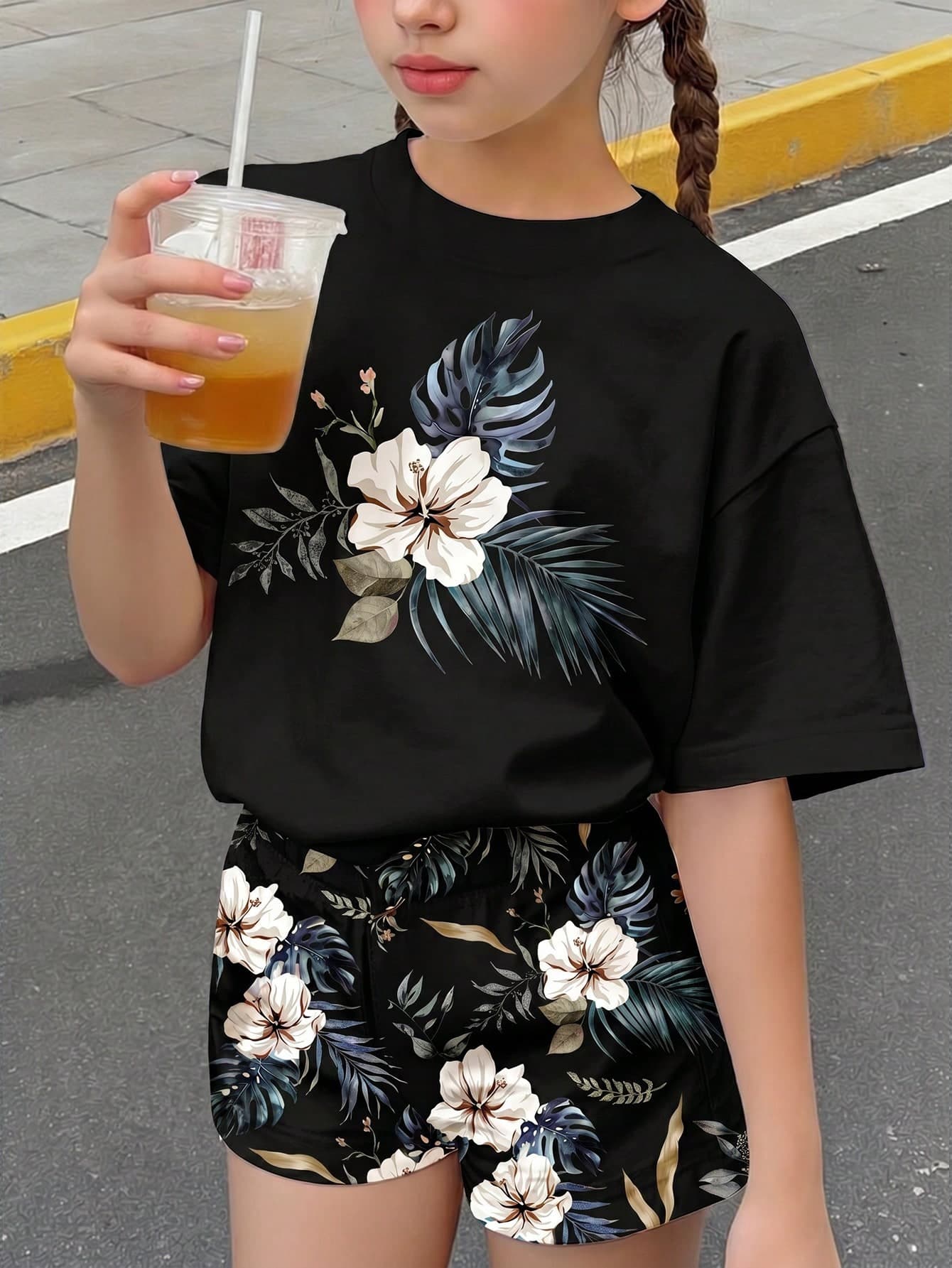 Teen Girl Black And White Tropical Floral Print 2 Piece Set,Short Sleeve T-Shirt And Shorts,Summer Holiday Vacation Outfit For School,Home,Daily