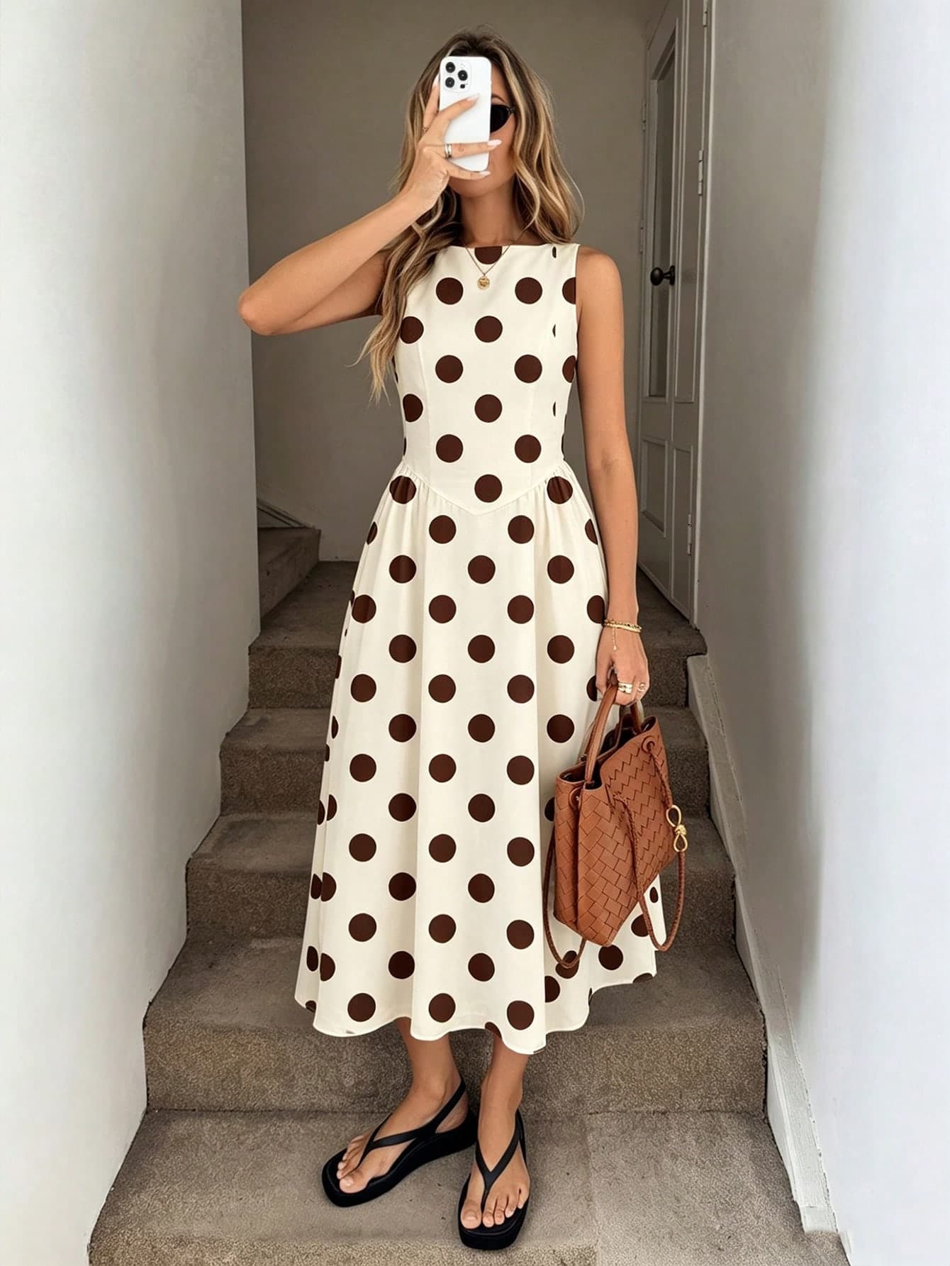 SHEIN LUNE Polka Dot Brown And White Polka Dot Polka Dot Polka Dot Sleeveless Elegant Midi Dress Vacation Summer Vacation