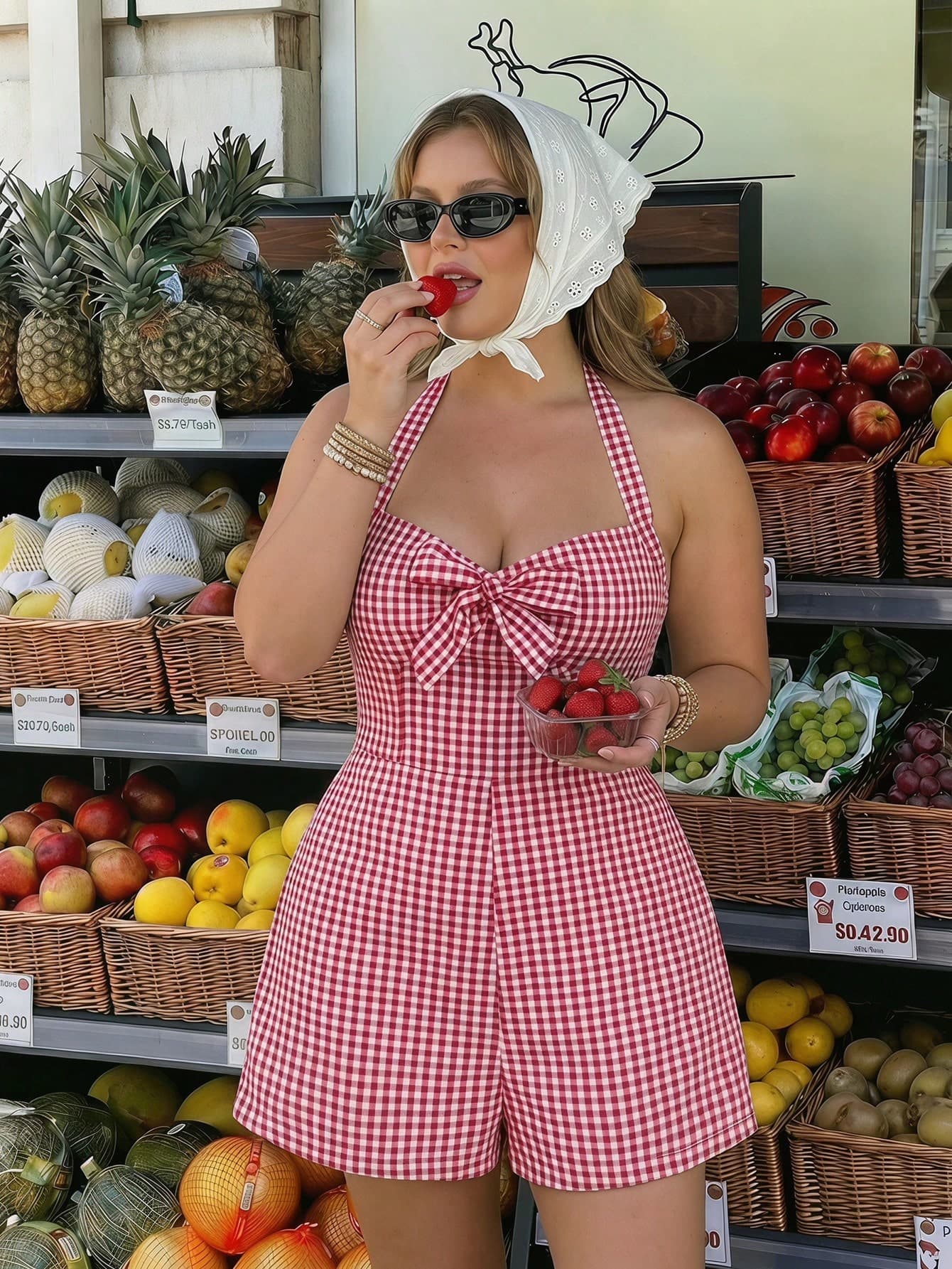 SHEIN MOD Plus Size Women's Cute Plaid Halter Tied Jumpsuit,White,Summer,2000's,Picnic,Holiday Vacation Beach Outfits,Elegant Party Festival Casual Summer Set